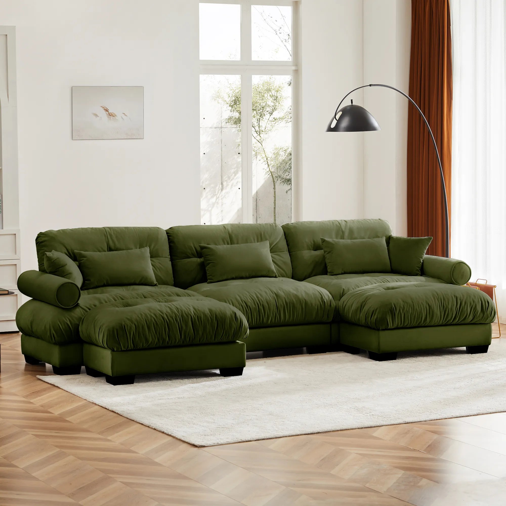 3 Seater Oversized Velvet Sectional Sofa with Movable Ottoman and Bolstered Armrests