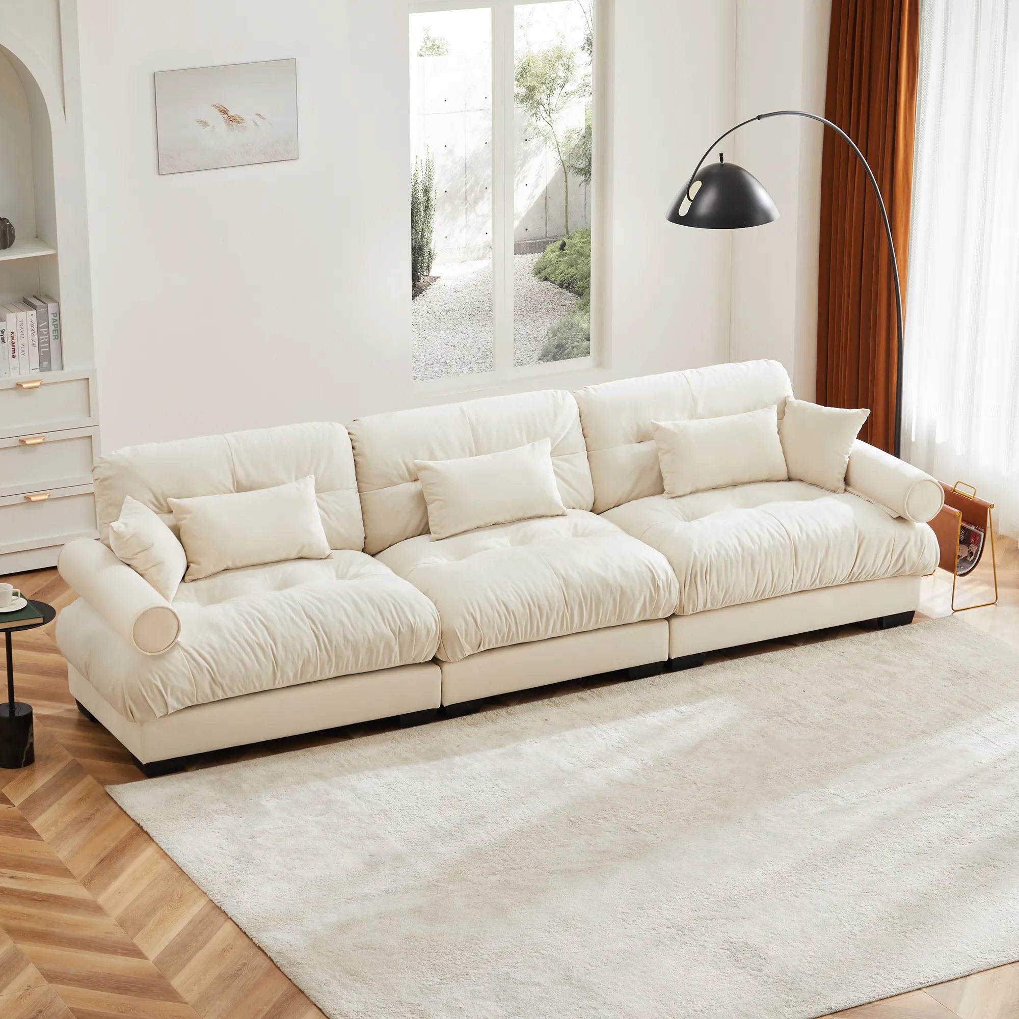 3 Seater Oversized Velvet Sectional Sofa with Movable Ottoman and Bolstered Armrests