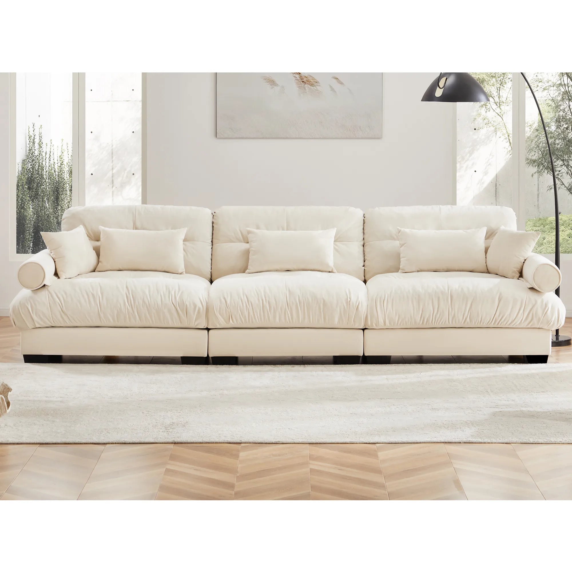 3 Seater Oversized Velvet Sectional Sofa with Movable Ottoman and Bolstered Armrests