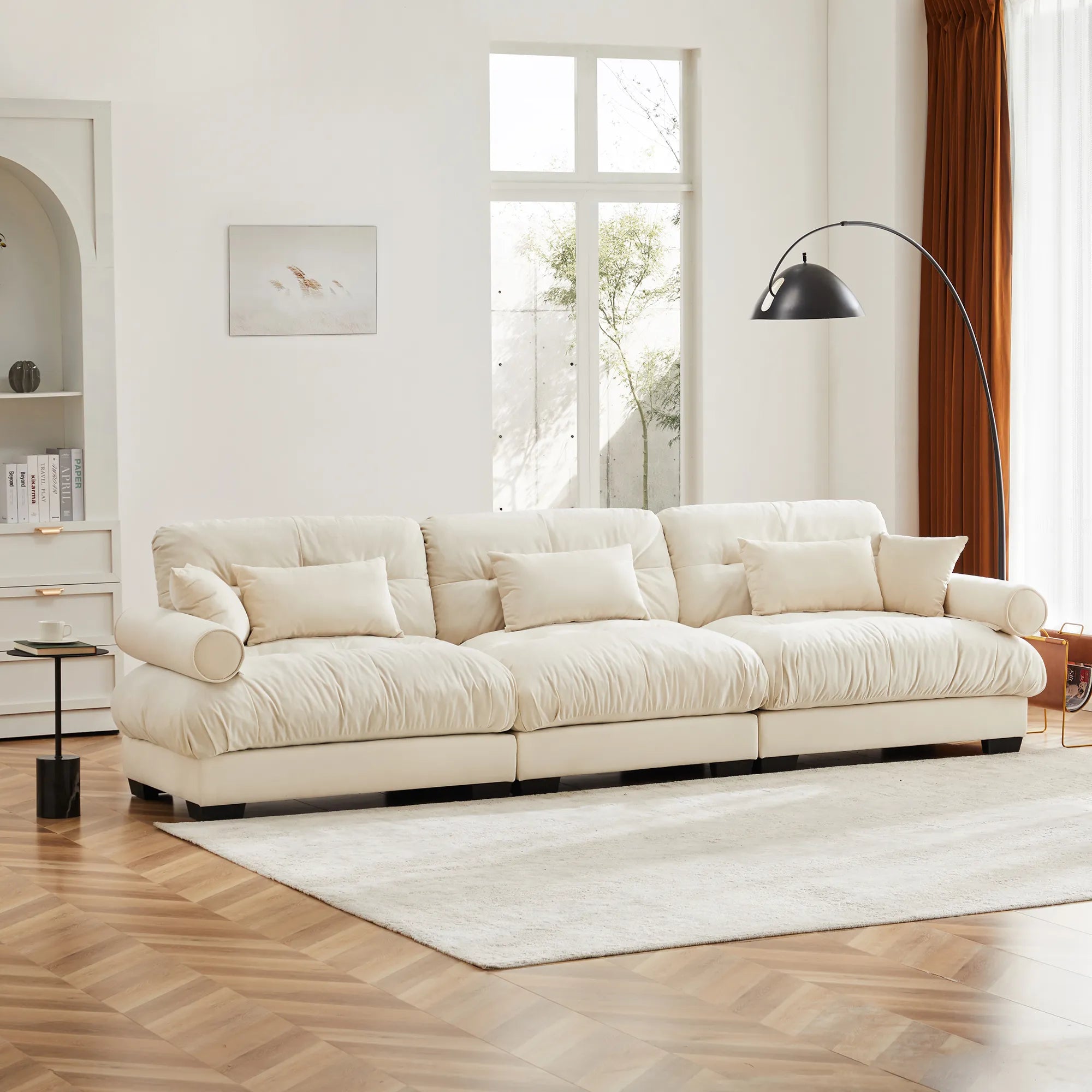 3 Seater Oversized Velvet Sectional Sofa with Movable Ottoman and Bolstered Armrests