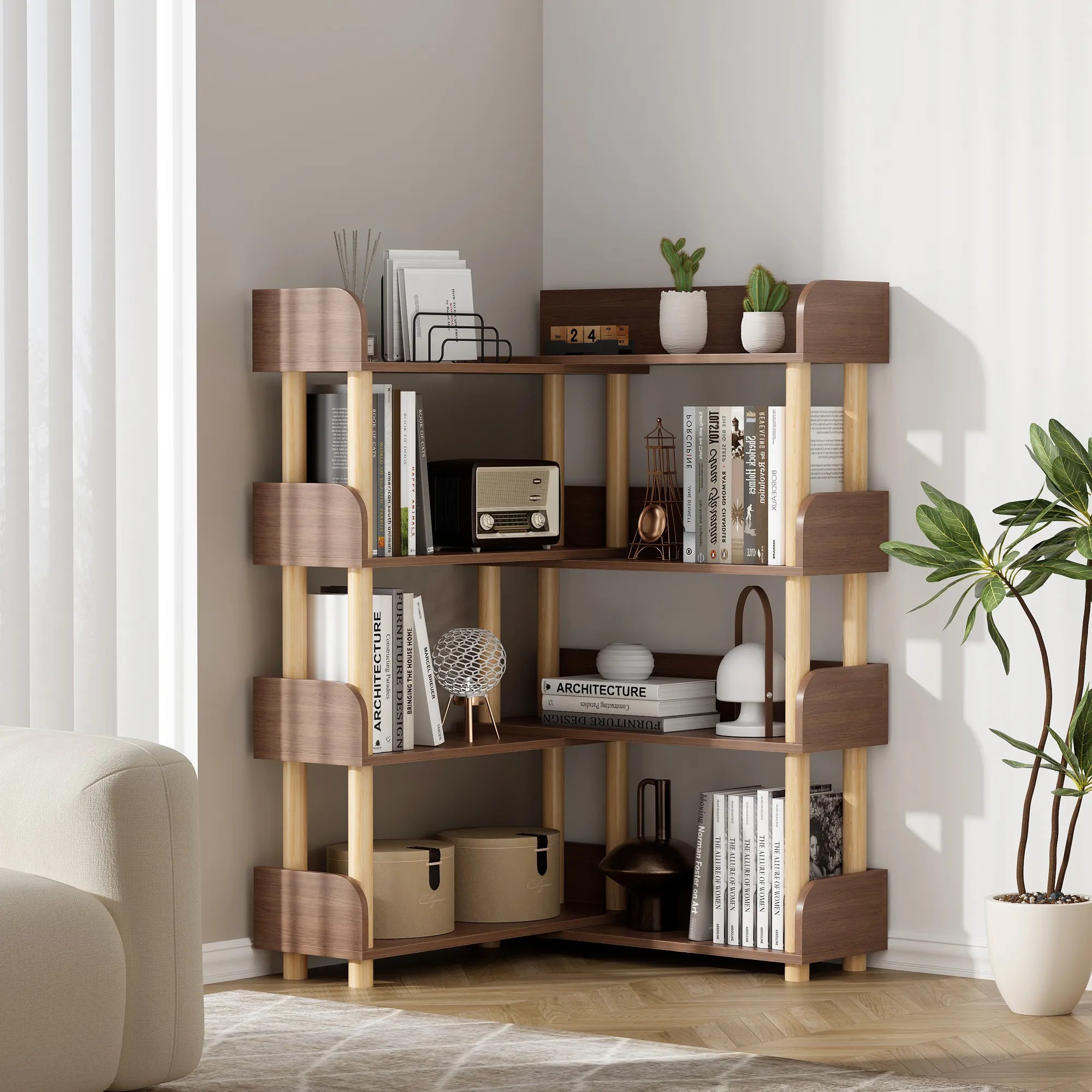 4-Tier Wooden Bookcase Shelf, Rotatable & Retractable