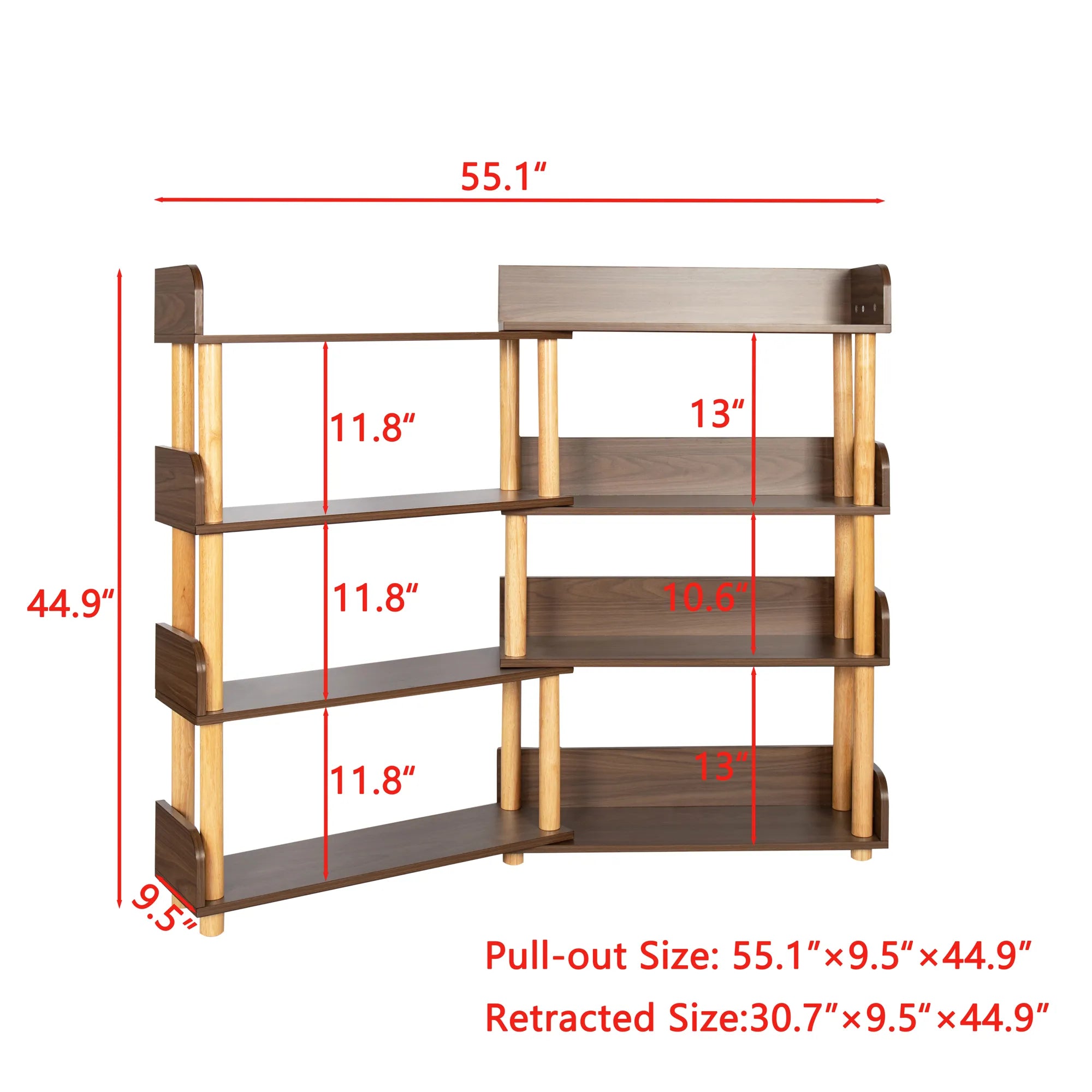 4-Tier Wooden Bookcase Shelf, Rotatable & Retractable