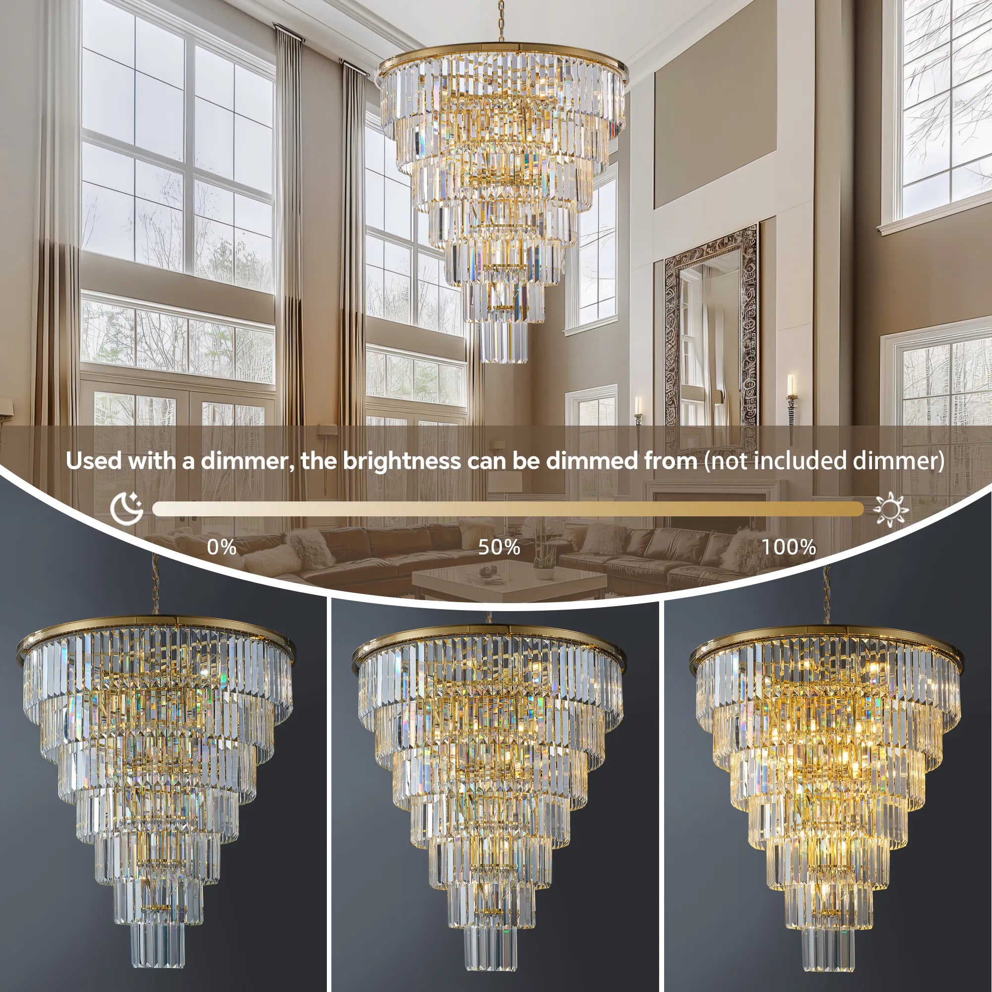 40” Grand Gold Tiered Crystal Chandelier