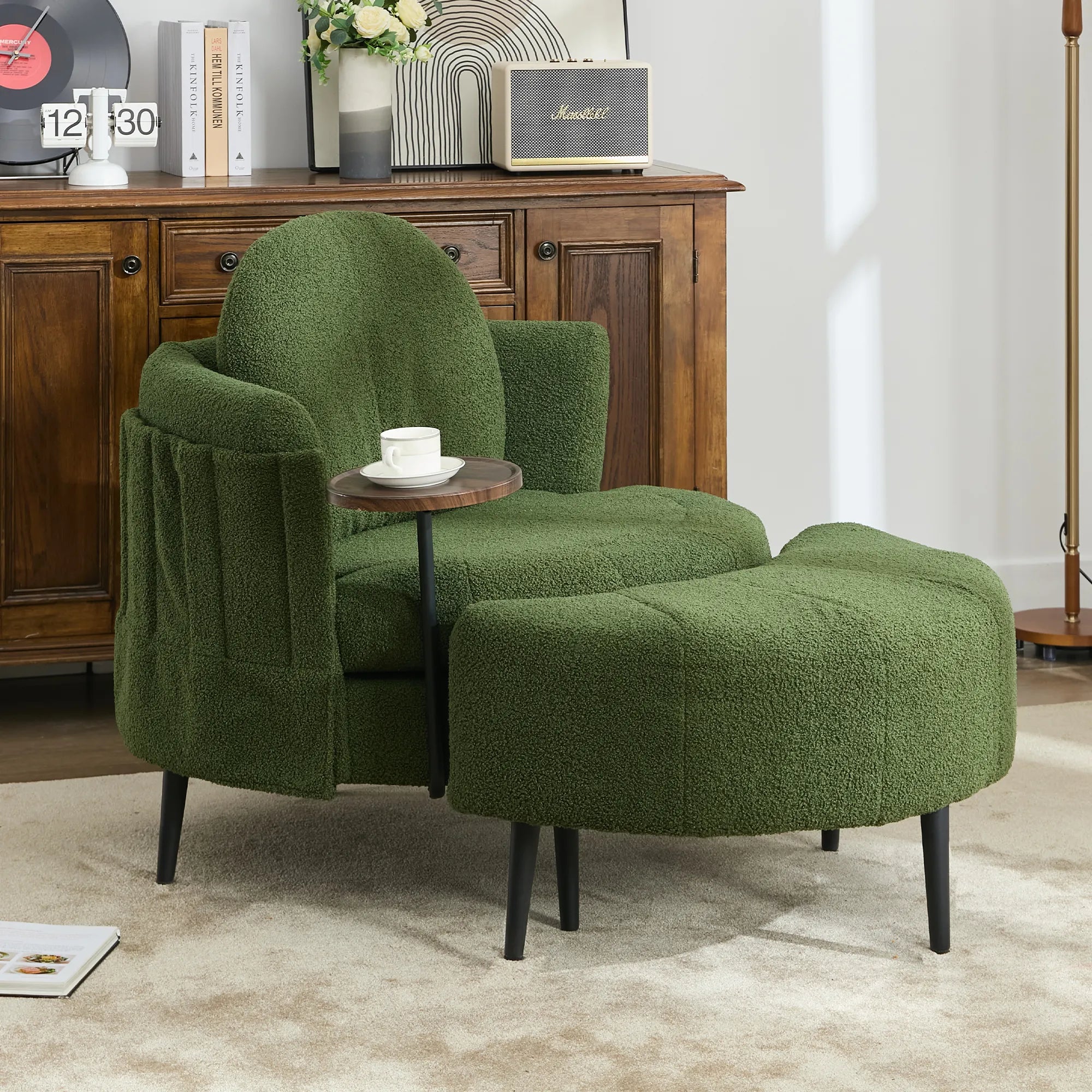 42.5" Lamb Velvet Single Sofa Chair With Cresent-Shaped Movable Footstool Ottoman