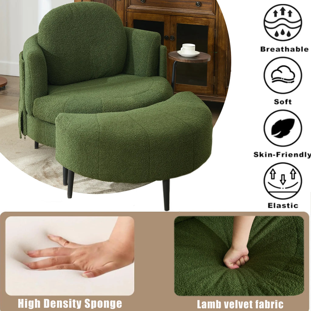 42.5" Lamb Velvet Single Sofa Chair With Cresent-Shaped Movable Footstool Ottoman