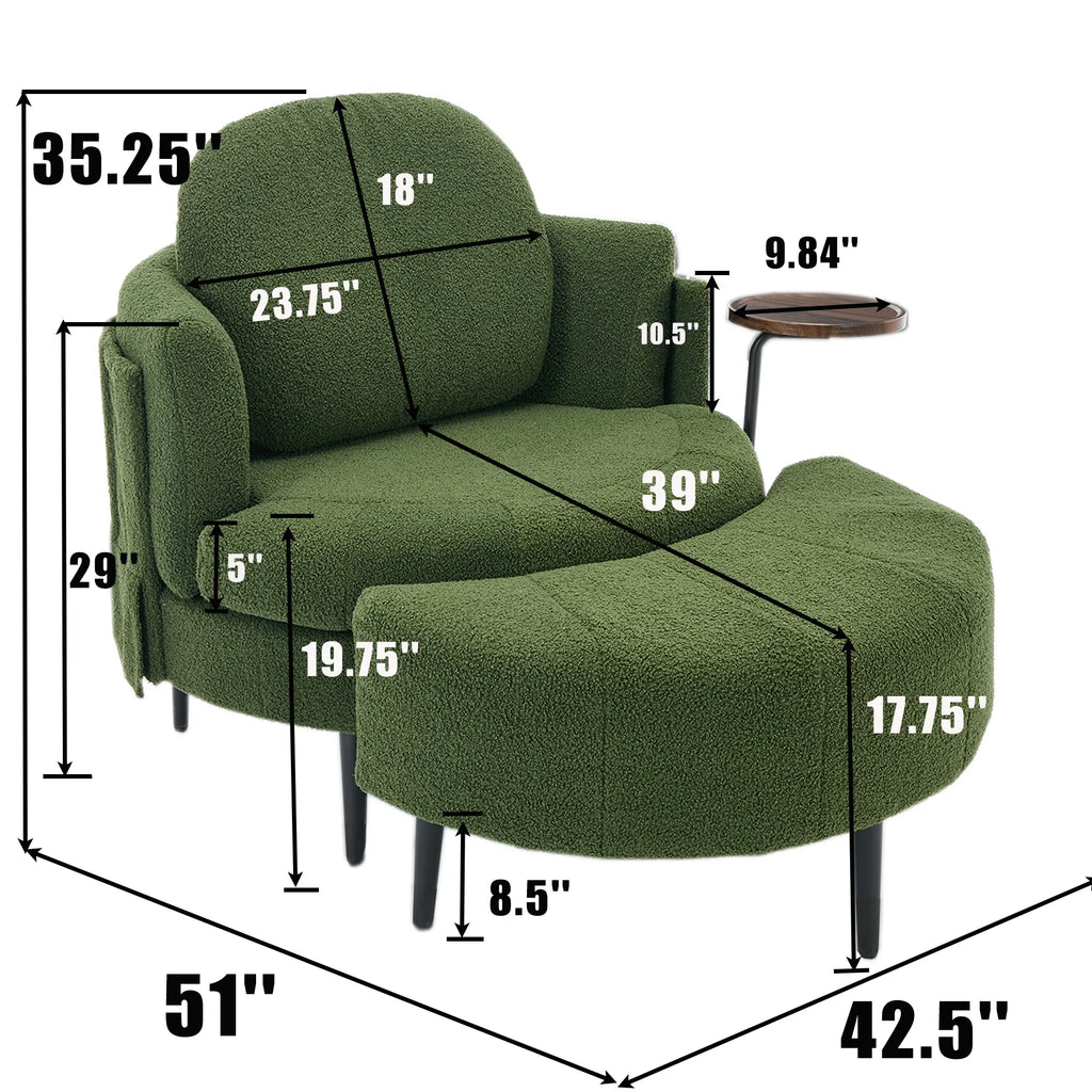 42.5" Lamb Velvet Single Sofa Chair With Cresent-Shaped Movable Footstool Ottoman