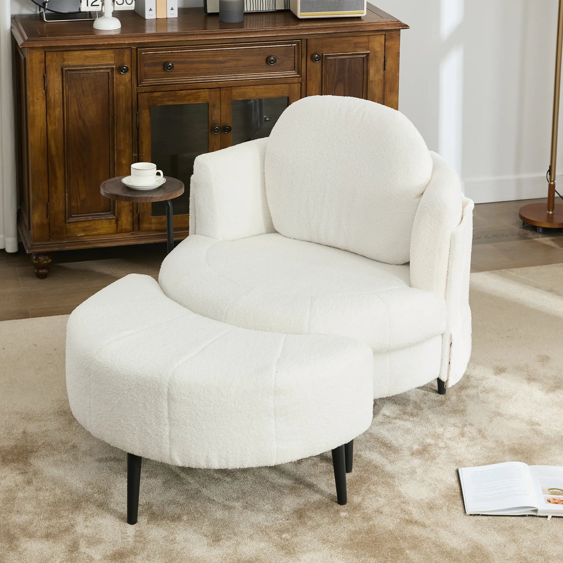 42.5" Lamb Velvet Single Sofa Chair With Cresent-Shaped Movable Footstool Ottoman