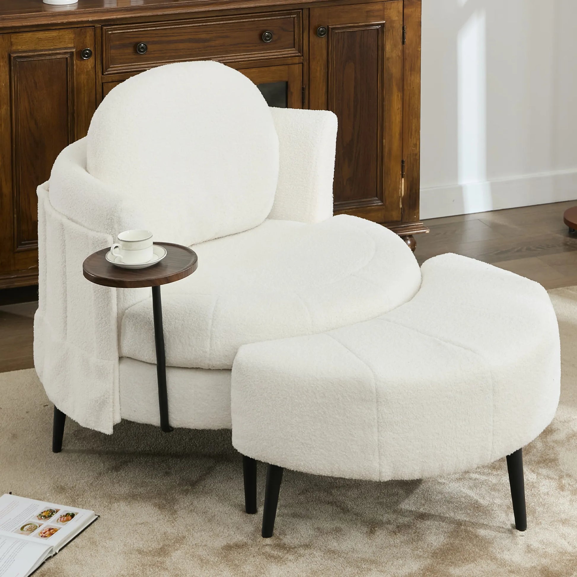 42.5" Lamb Velvet Single Sofa Chair With Cresent-Shaped Movable Footstool Ottoman