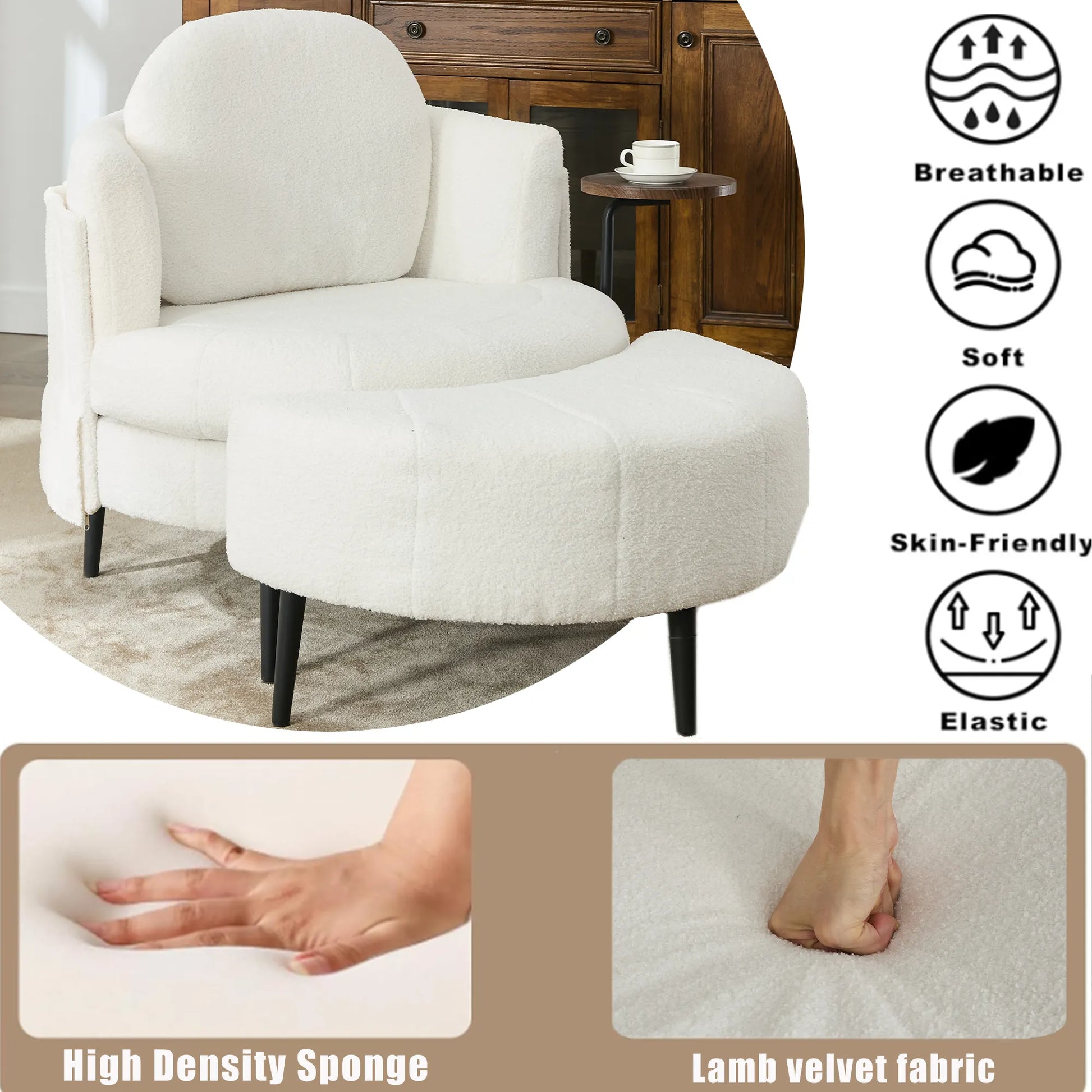 42.5" Lamb Velvet Single Sofa Chair With Cresent-Shaped Movable Footstool Ottoman