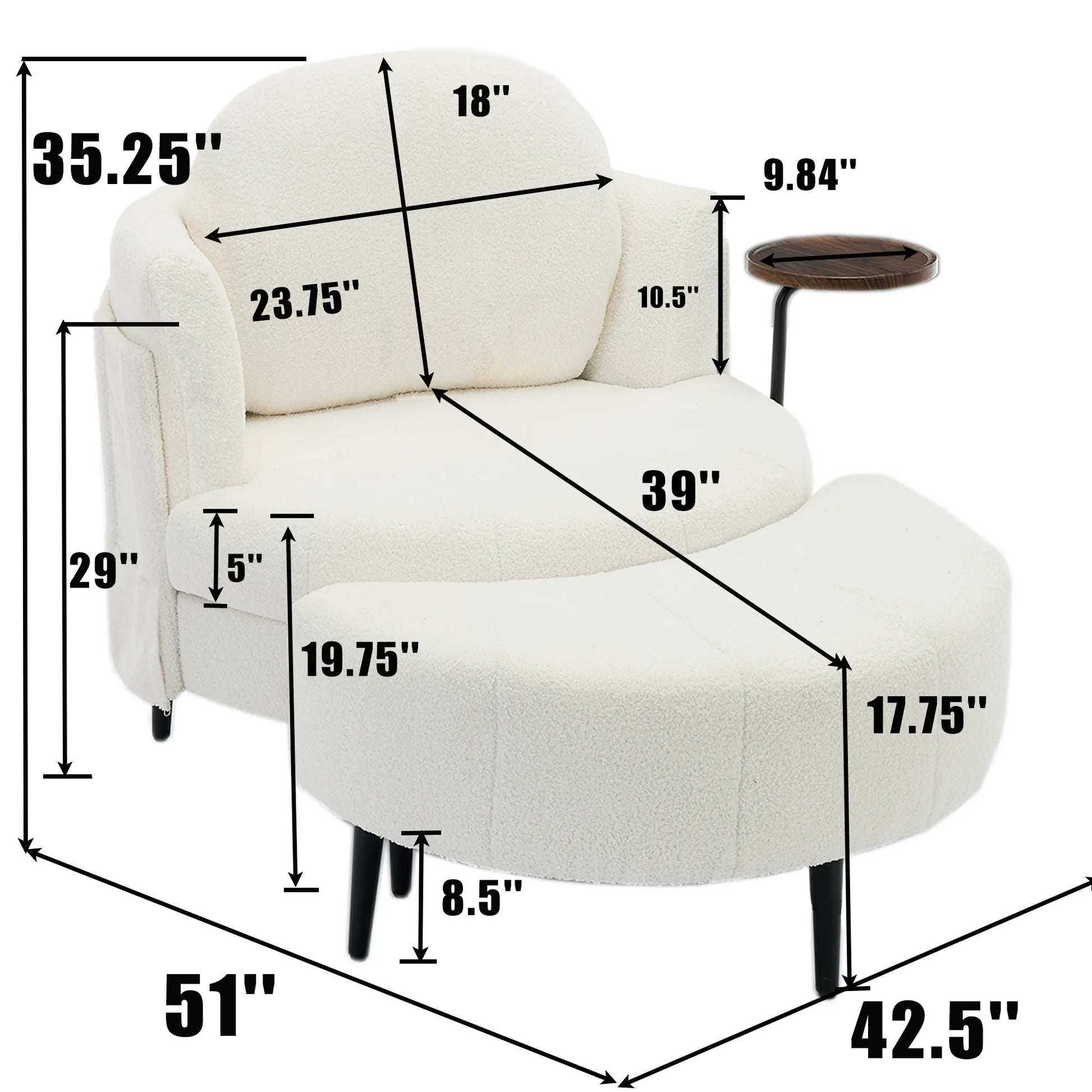 42.5" Lamb Velvet Single Sofa Chair With Cresent-Shaped Movable Footstool Ottoman