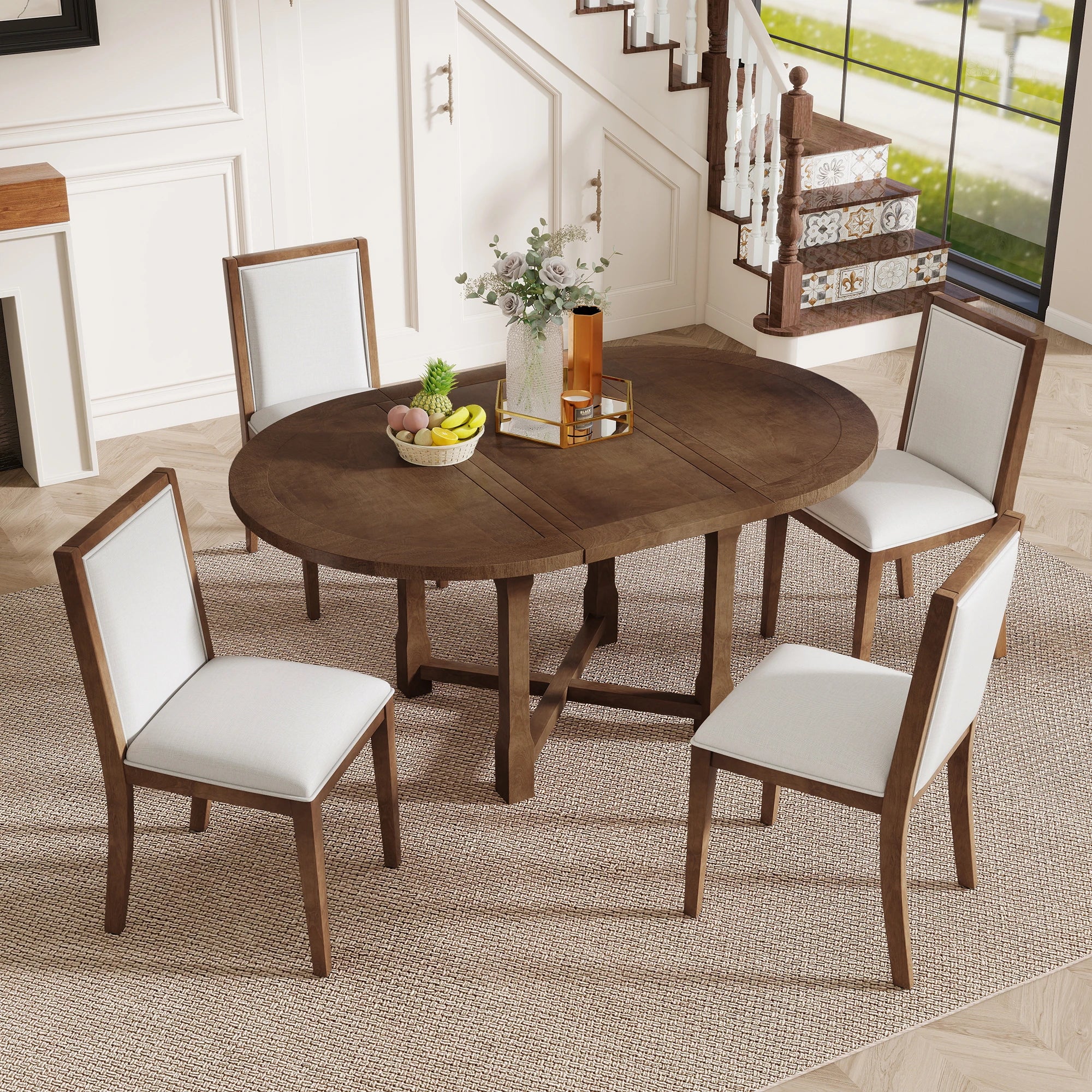 42" 5 Pieces Farmhouse Extendable Dining Table Set Wth 4 Chairs