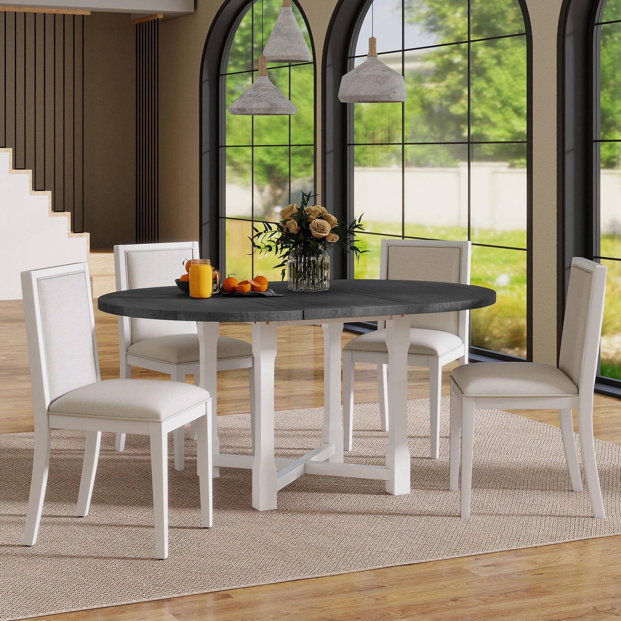 42" 5 Pieces Farmhouse Extendable Dining Table Set Wth 4 Chairs