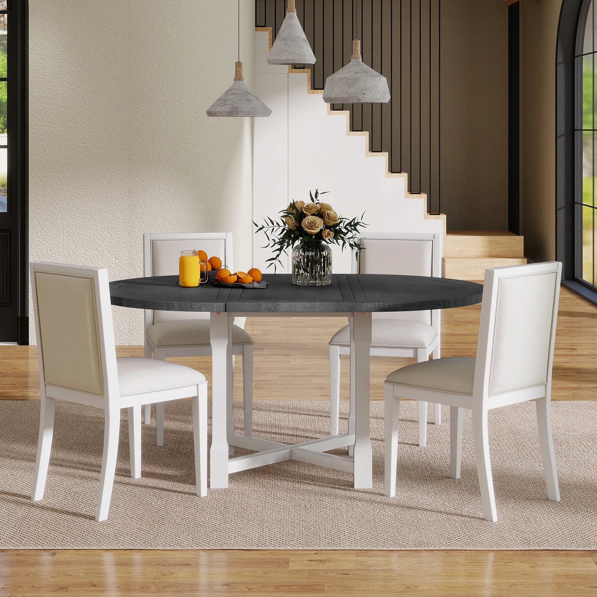 42" 5 Pieces Farmhouse Extendable Dining Table Set Wth 4 Chairs