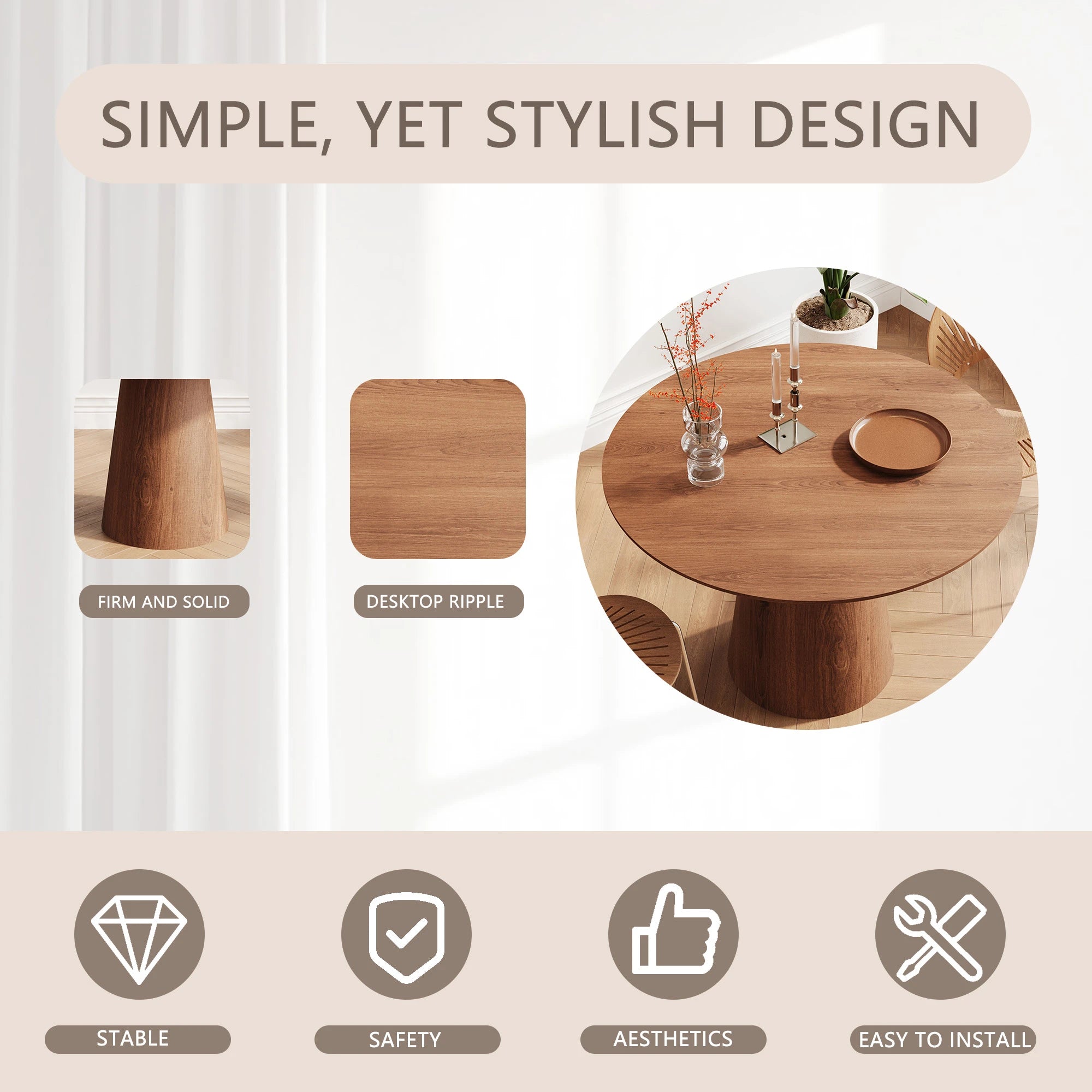 43" Modern Minimalist Wooden Round Dining Table