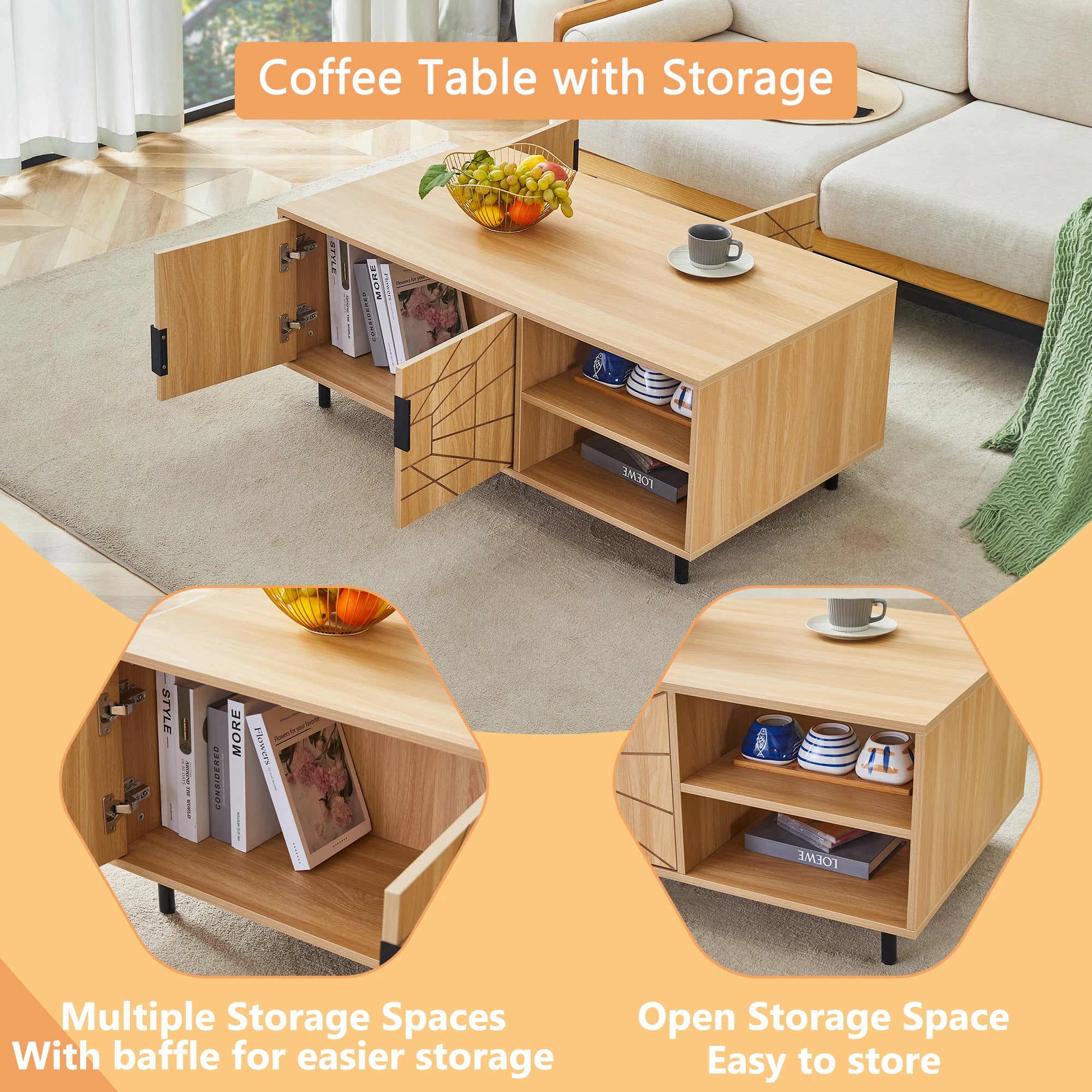 43" Modern Rectangular Coffee Table, With Storage