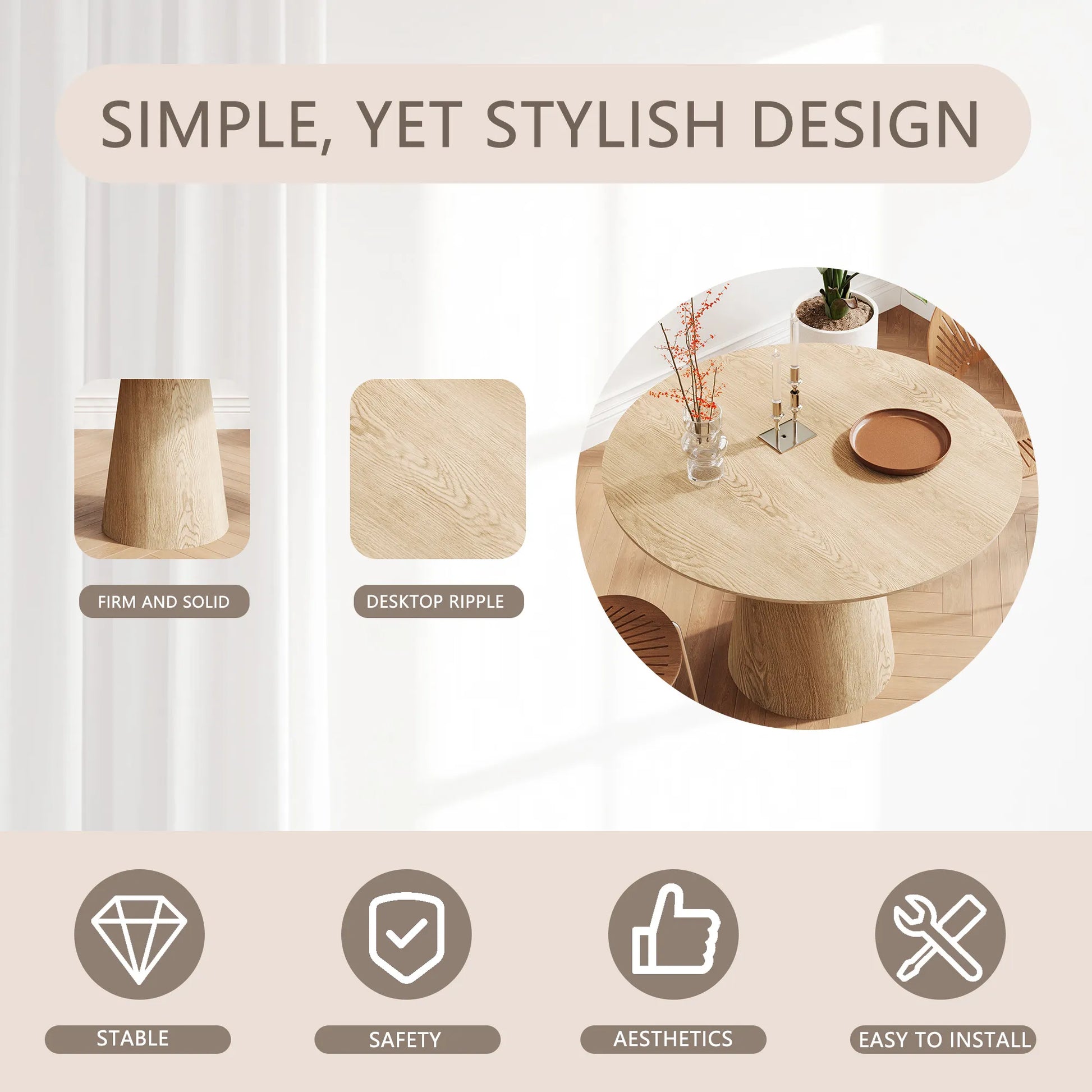 43" Modern Minimalist Wooden Round Dining Table