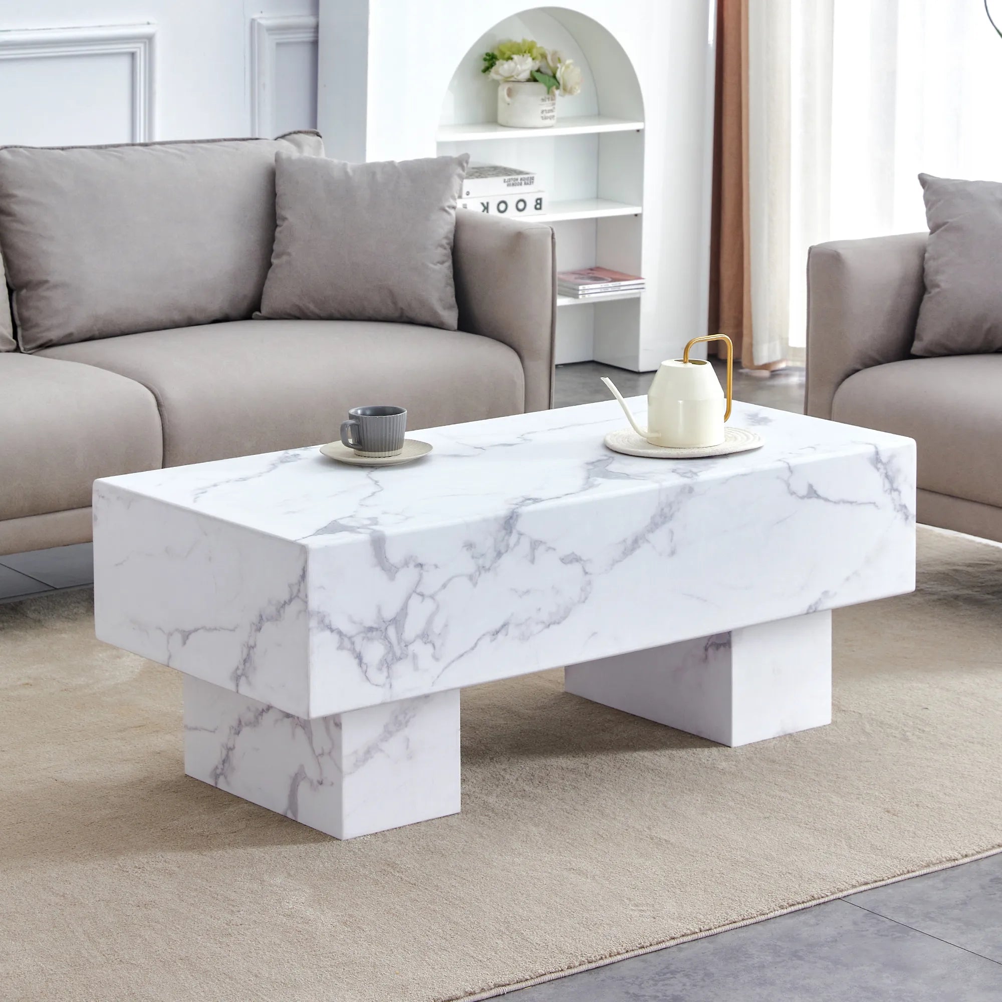 43" Rectangle Mid-Century Modern Faux Marble Coffee Table