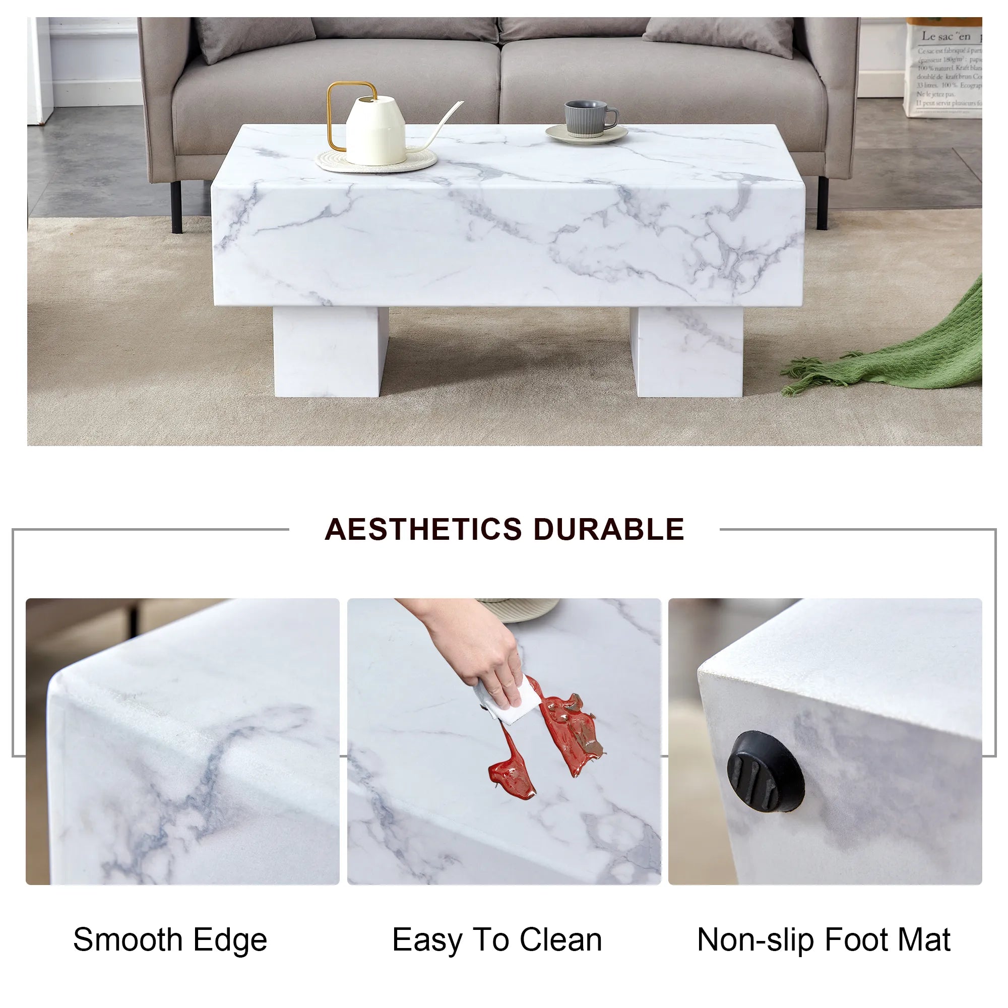 43" Rectangle Mid-Century Modern Faux Marble Coffee Table