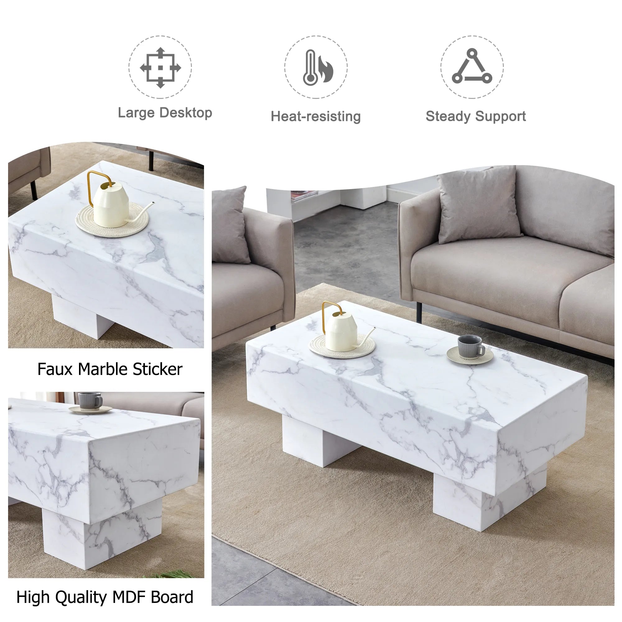 43" Rectangle Mid-Century Modern Faux Marble Coffee Table