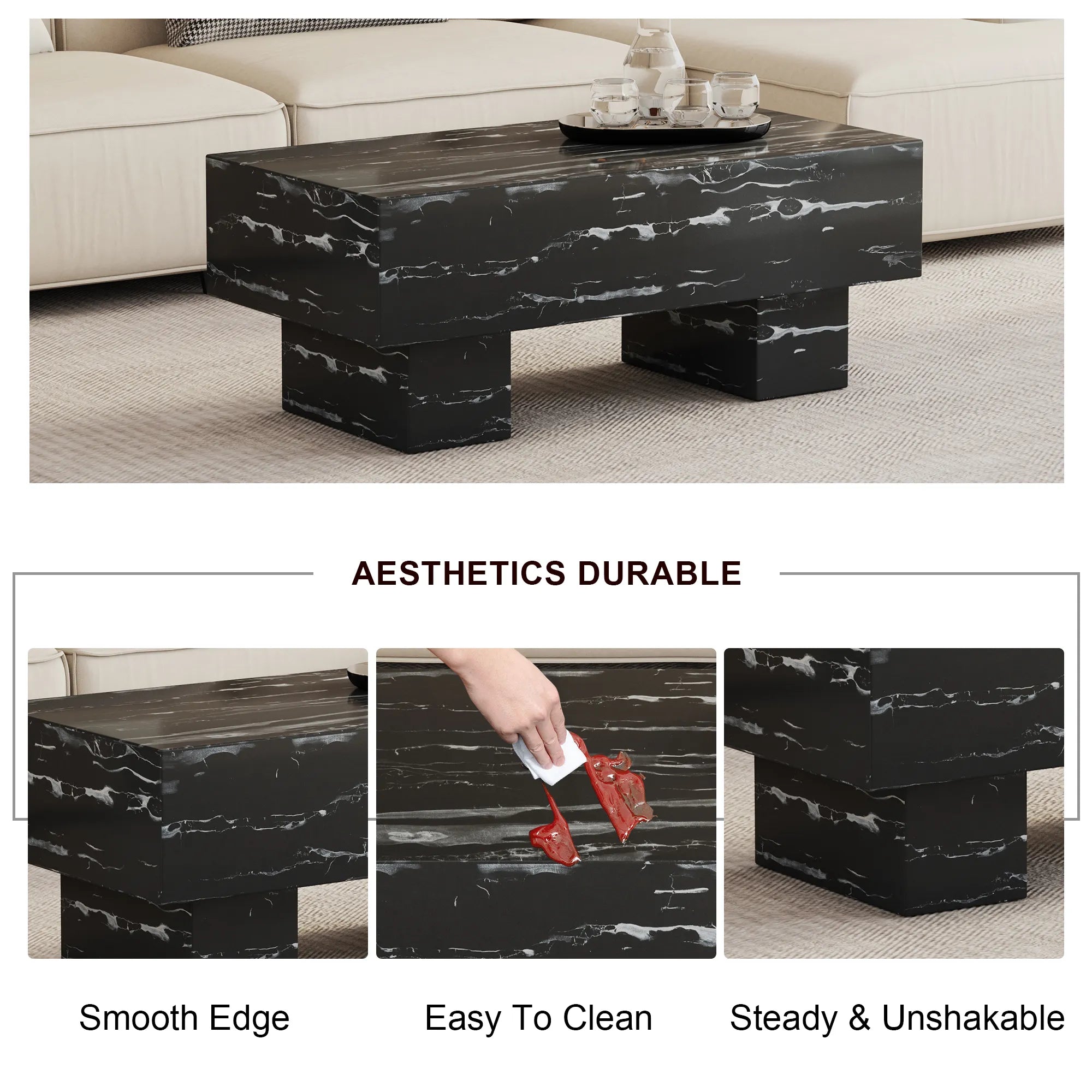 43" Rectangle Mid-Century Modern Faux Marble Coffee Table