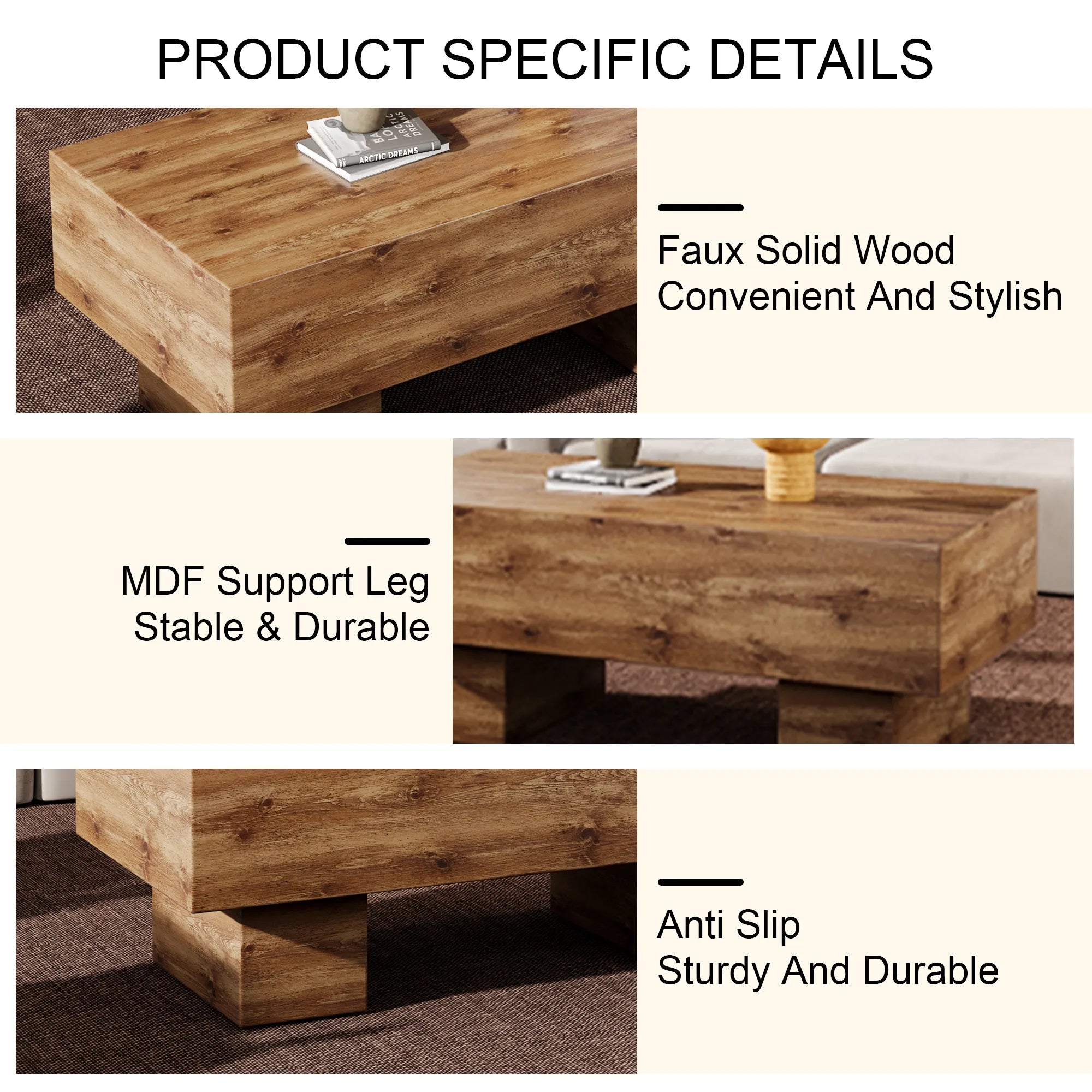 43" Rectangle Mid-Century Modern MDF Coffee Table