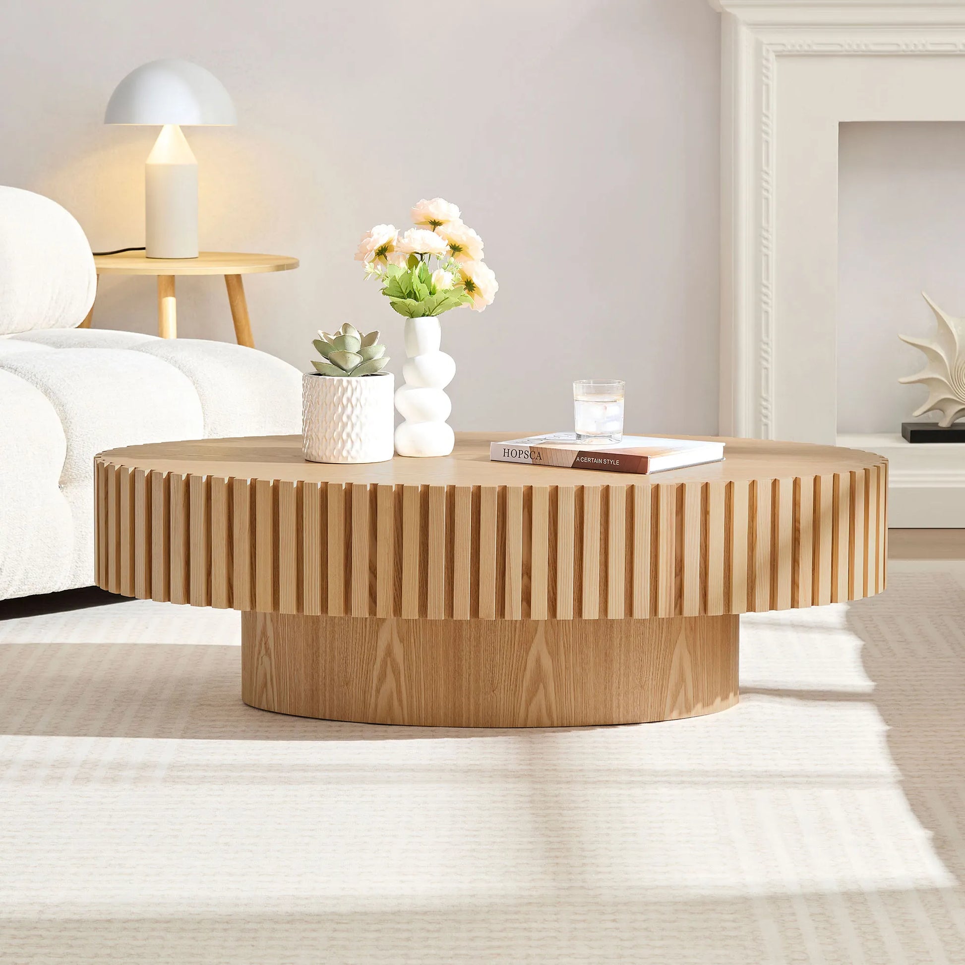 44" Modern Handcraft Oval Drum Coffee Table with Sturdy Base