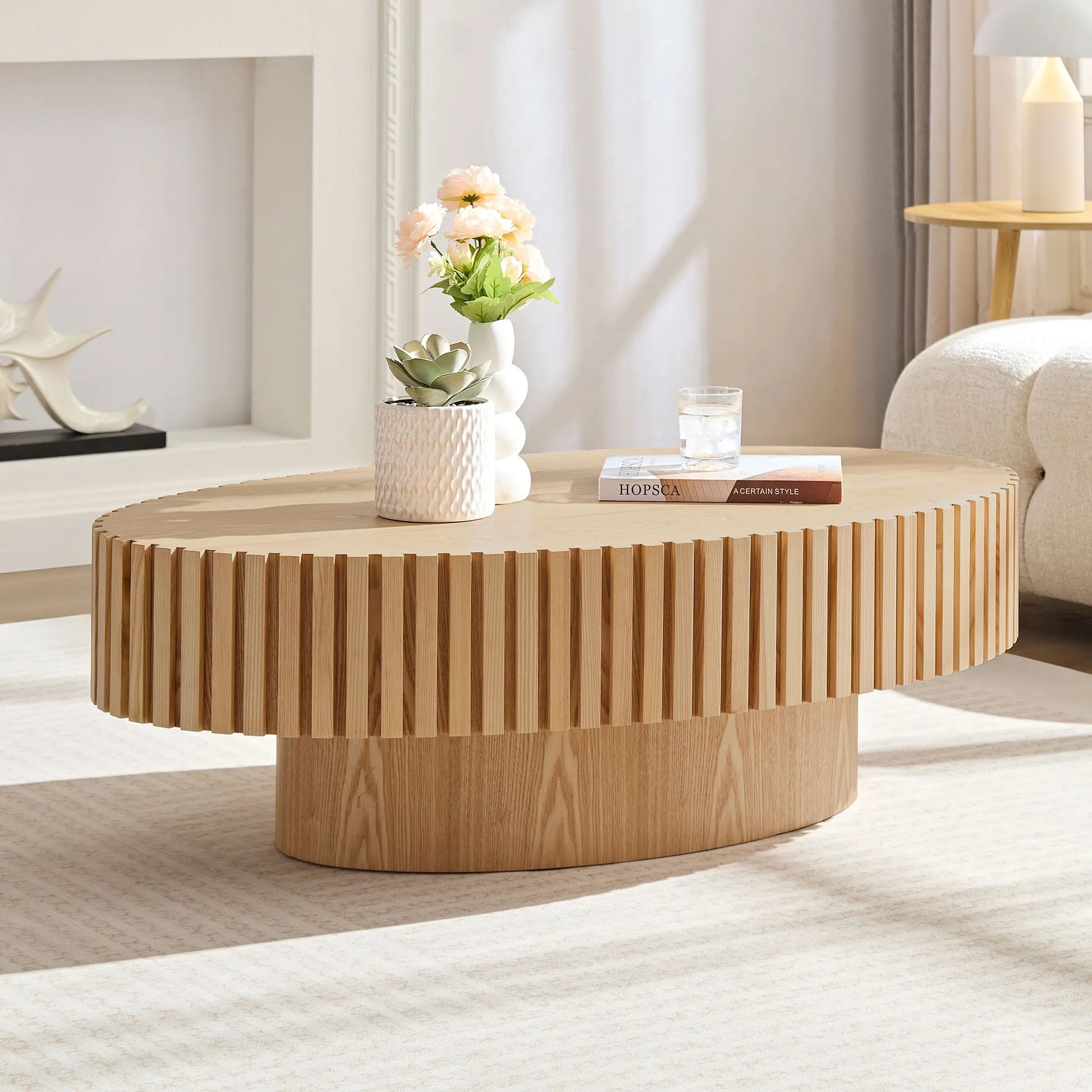44" Modern Handcraft Oval Drum Coffee Table with Sturdy Base