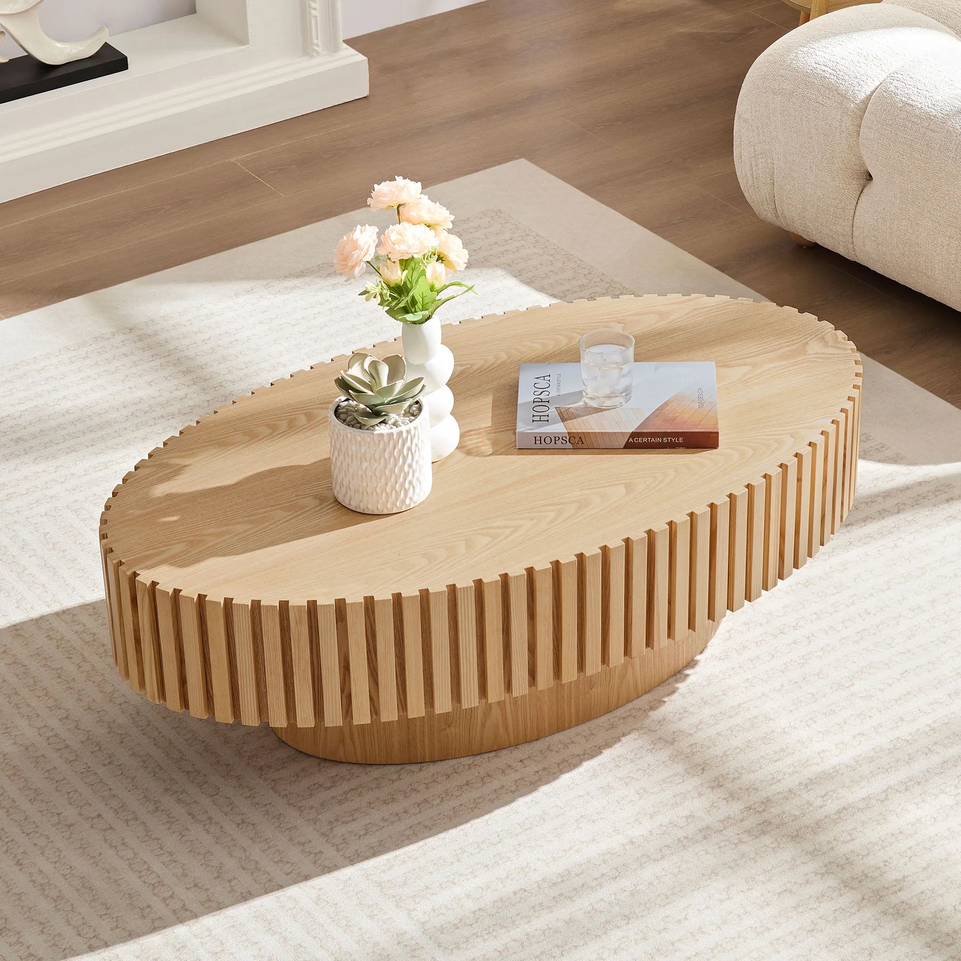 44" Modern Handcraft Oval Drum Coffee Table with Sturdy Base