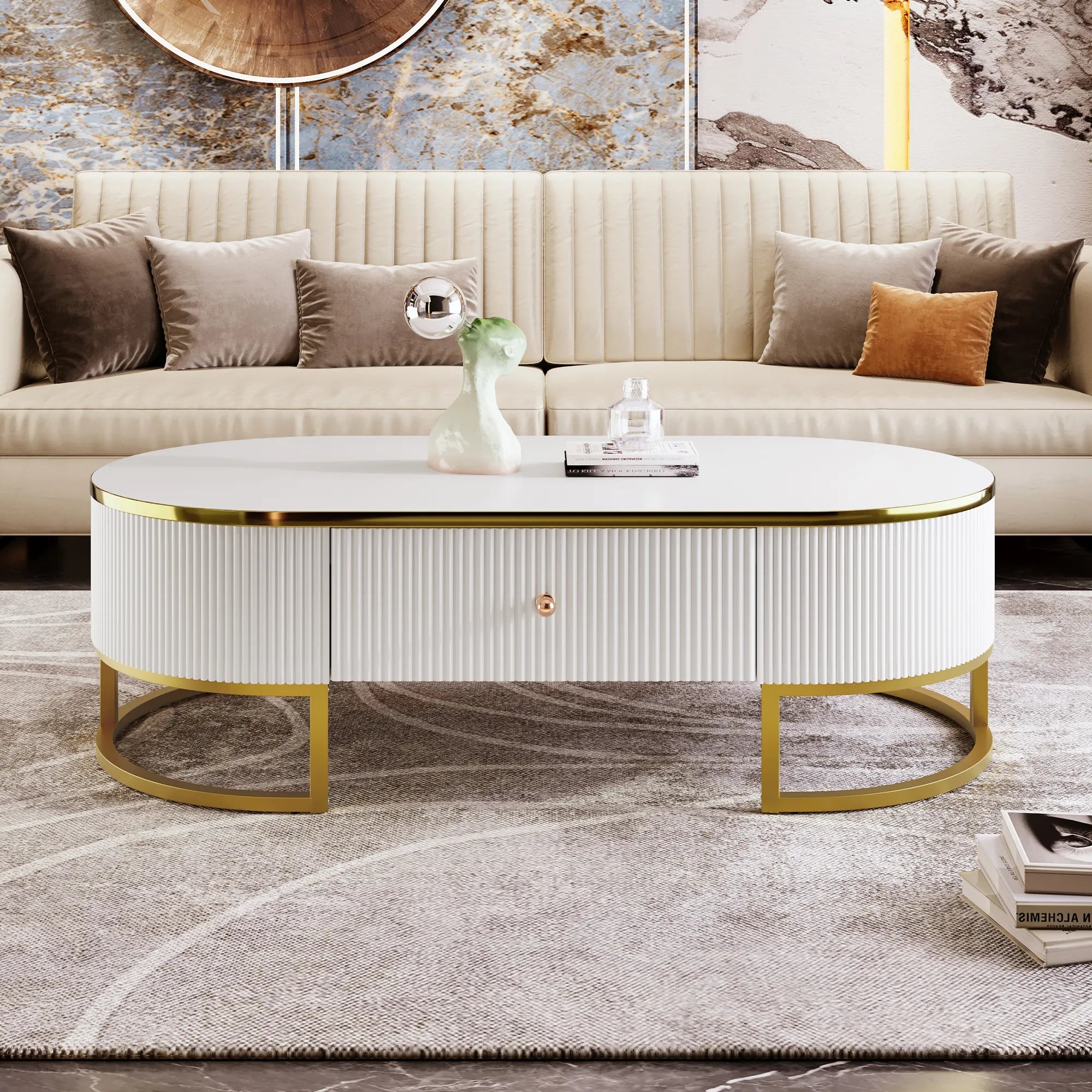 47" Modern Oval Coffee Table with Drawers