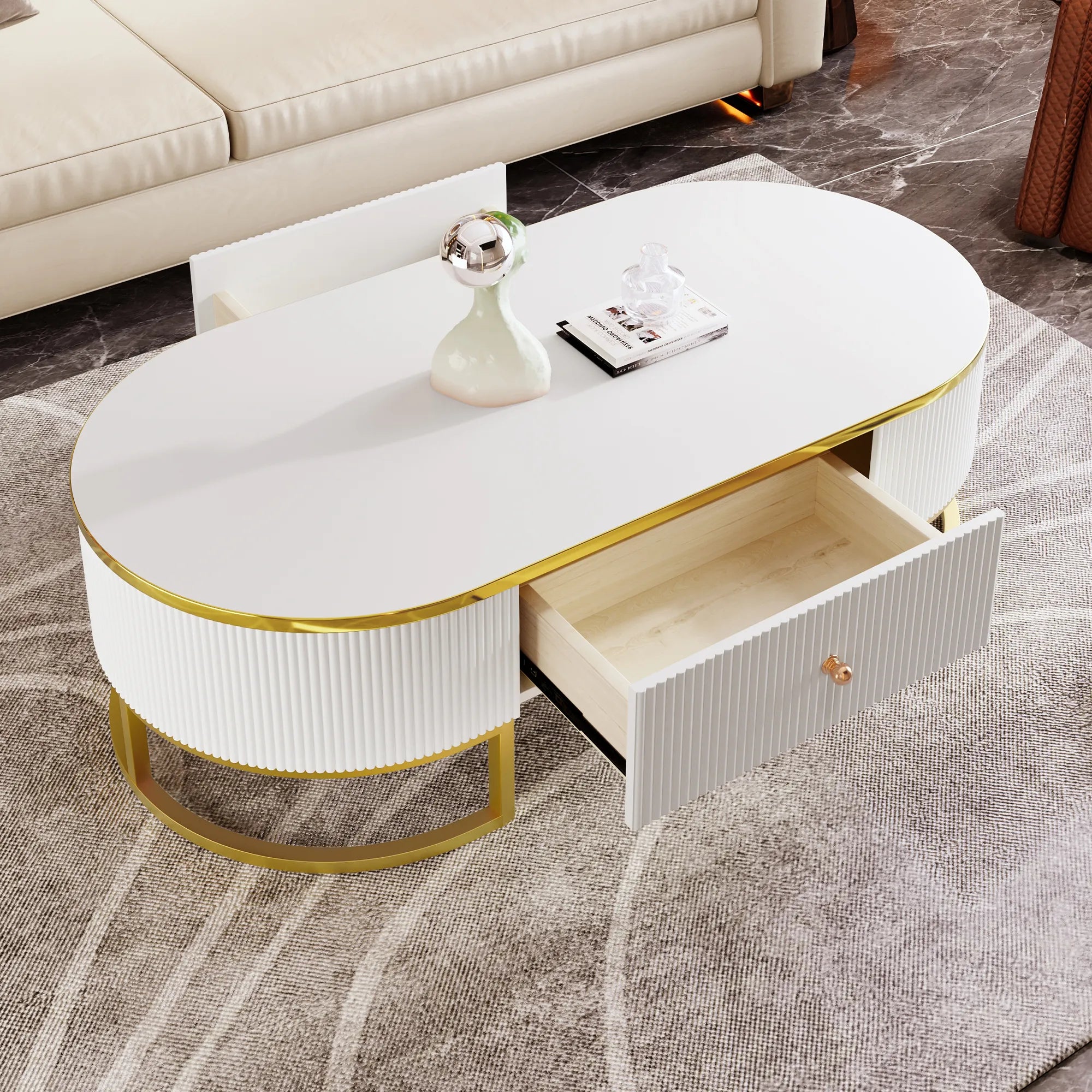 47" Modern Oval Coffee Table with Drawers