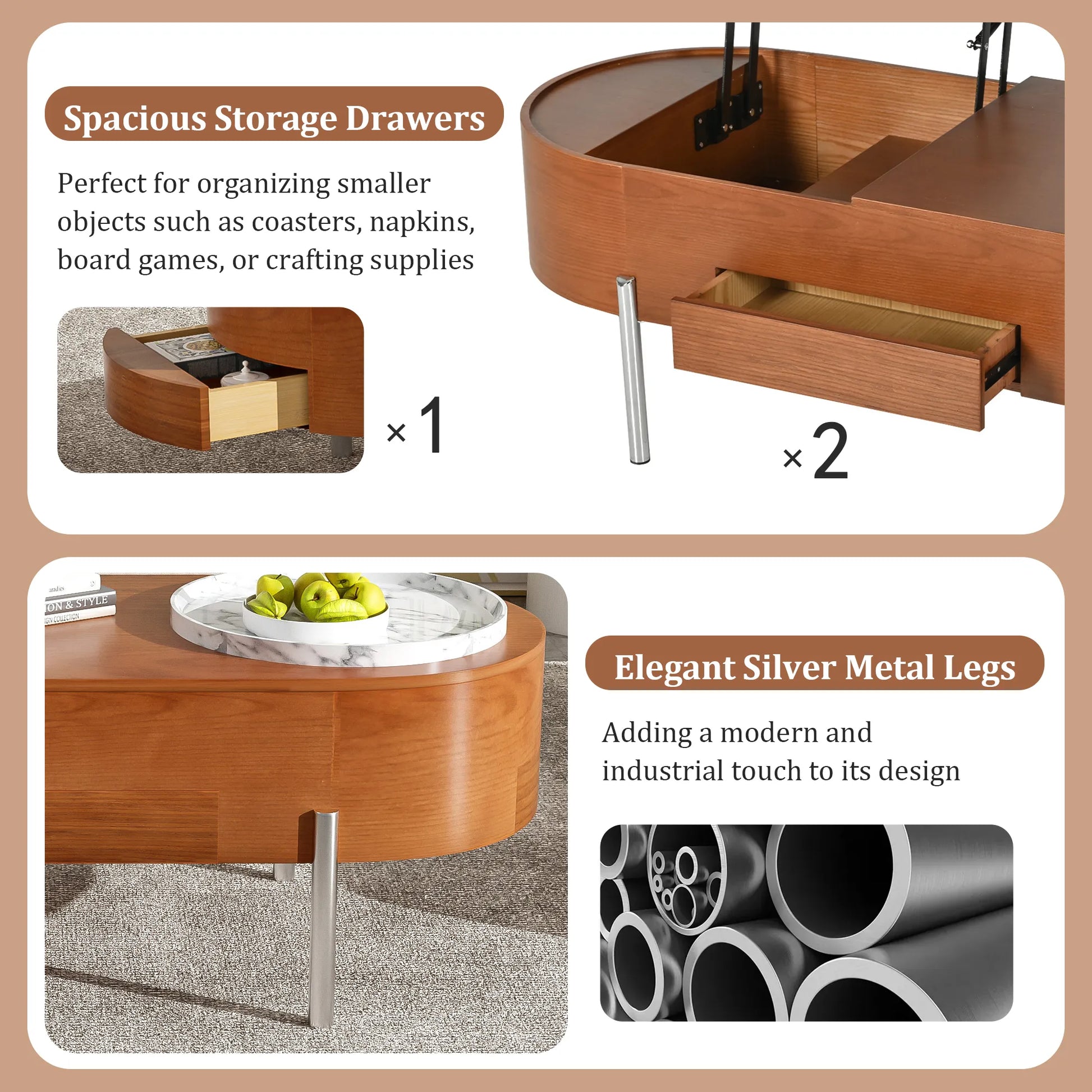 47" Modern Oval Lift Top Coffee Table