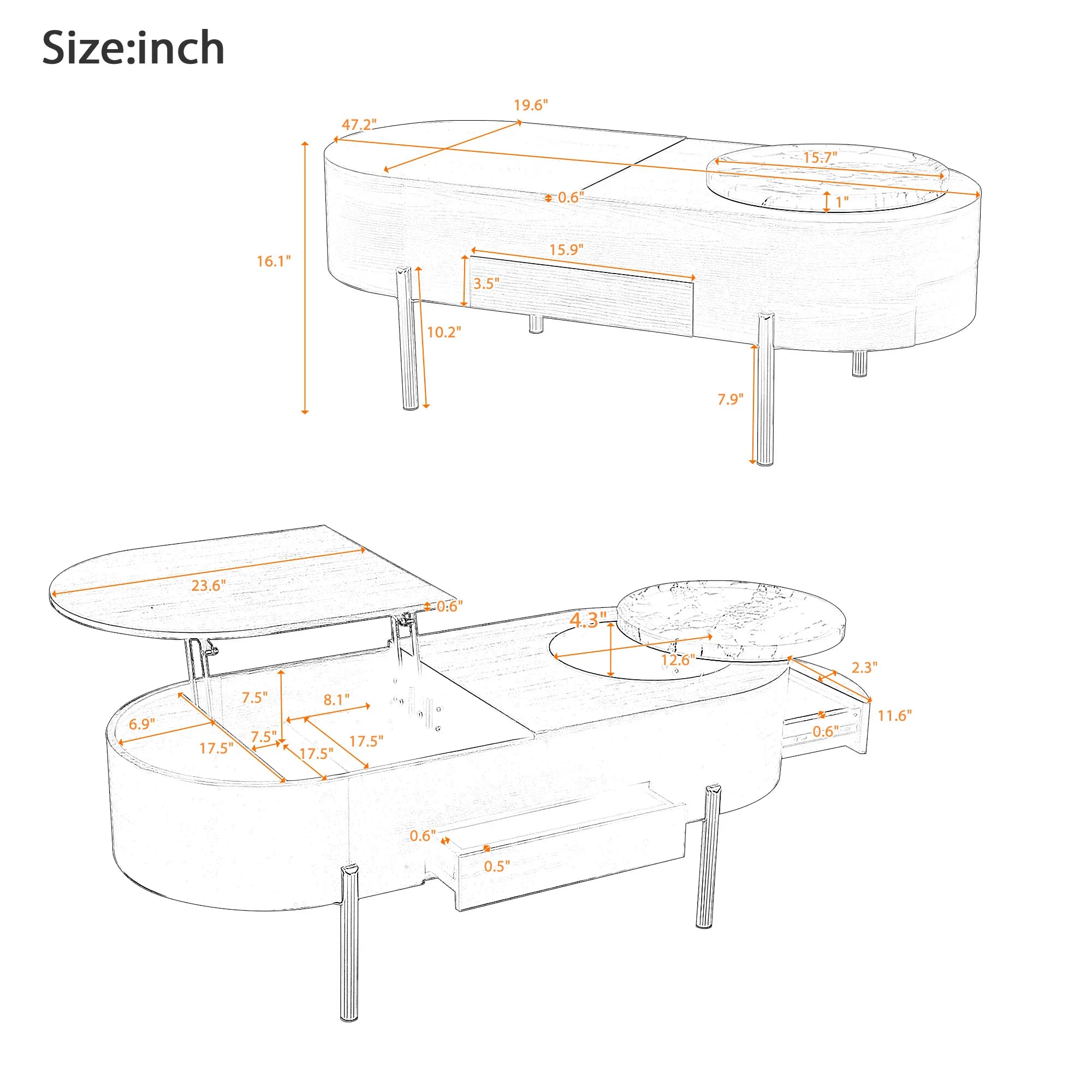 47" Modern Oval Lift Top Coffee Table
