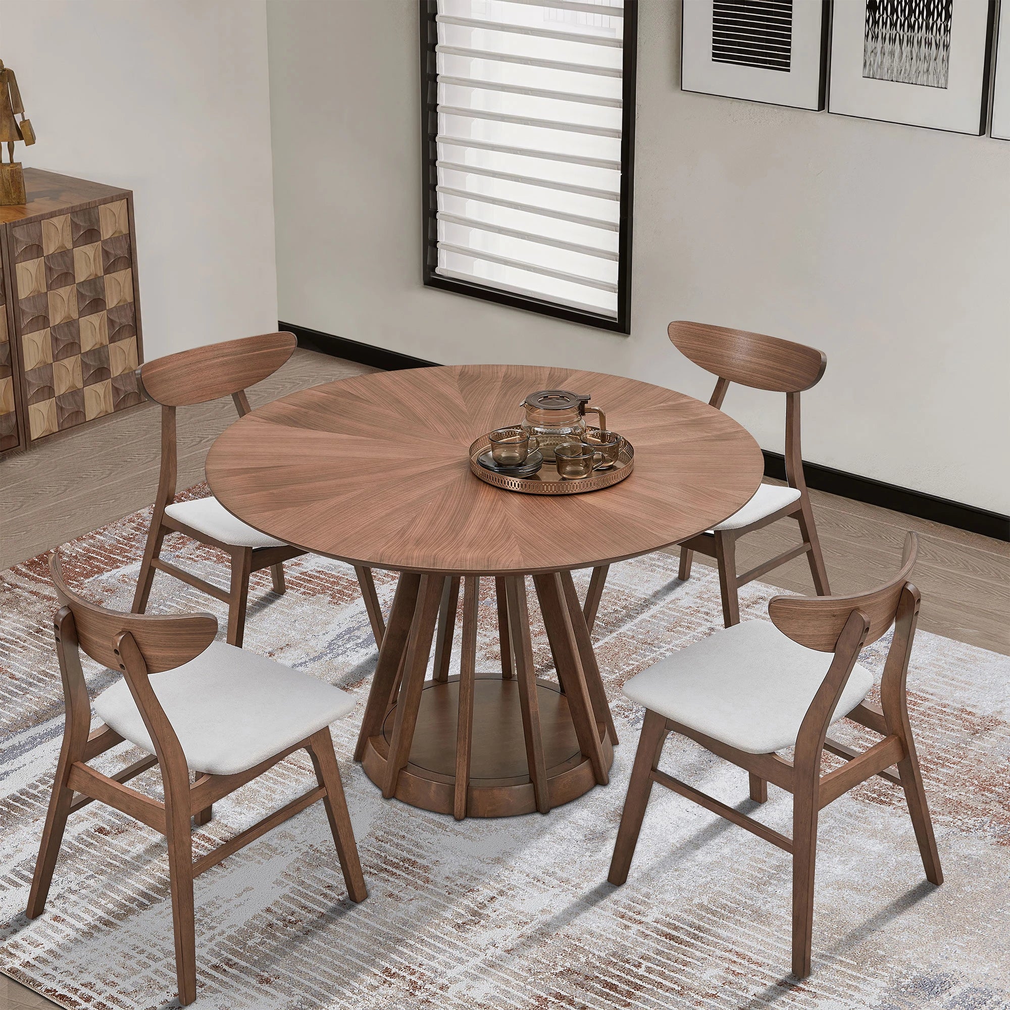 47" Modern Round Dining Table Set With 4 Upholstered Chairs