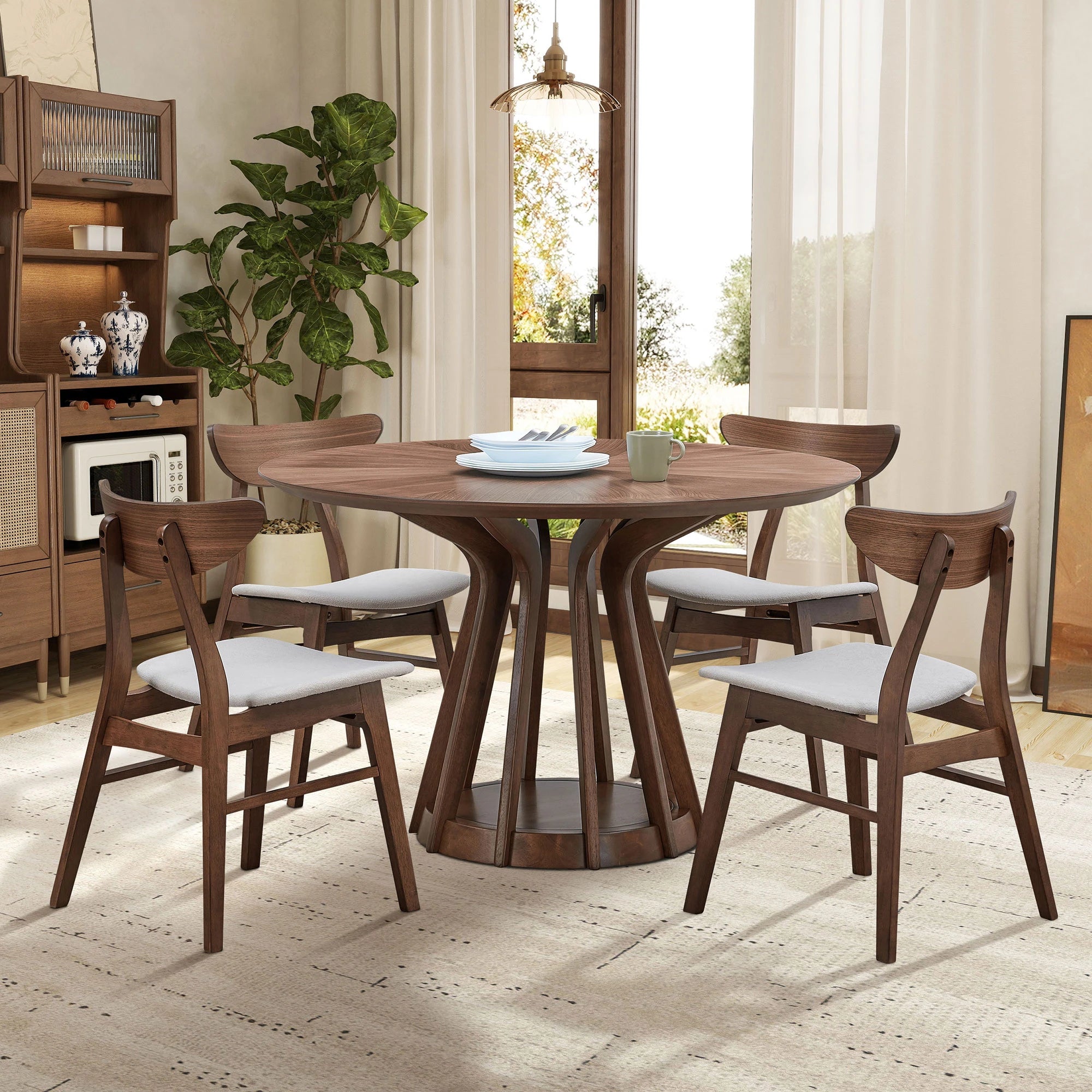 47" Modern Round Dining Table Set With 4 Upholstered Chairs