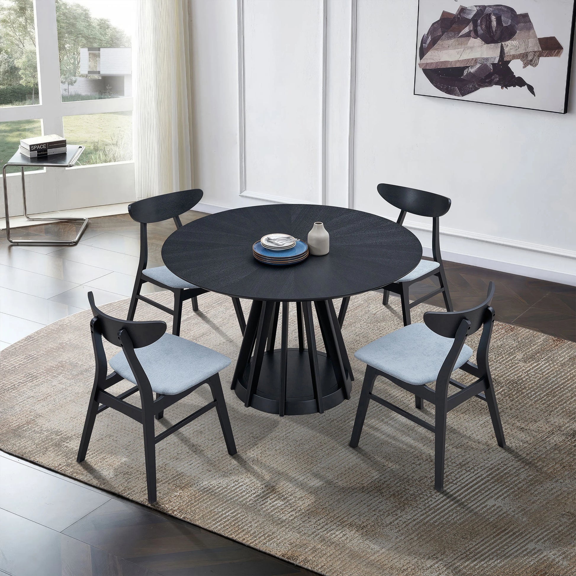 47" Modern Round Dining Table Set With 4 Upholstered Chairs