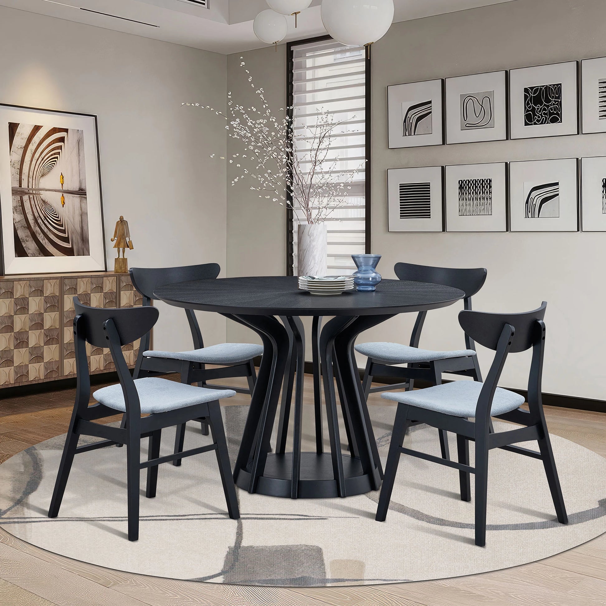 47" Modern Round Dining Table Set With 4 Upholstered Chairs