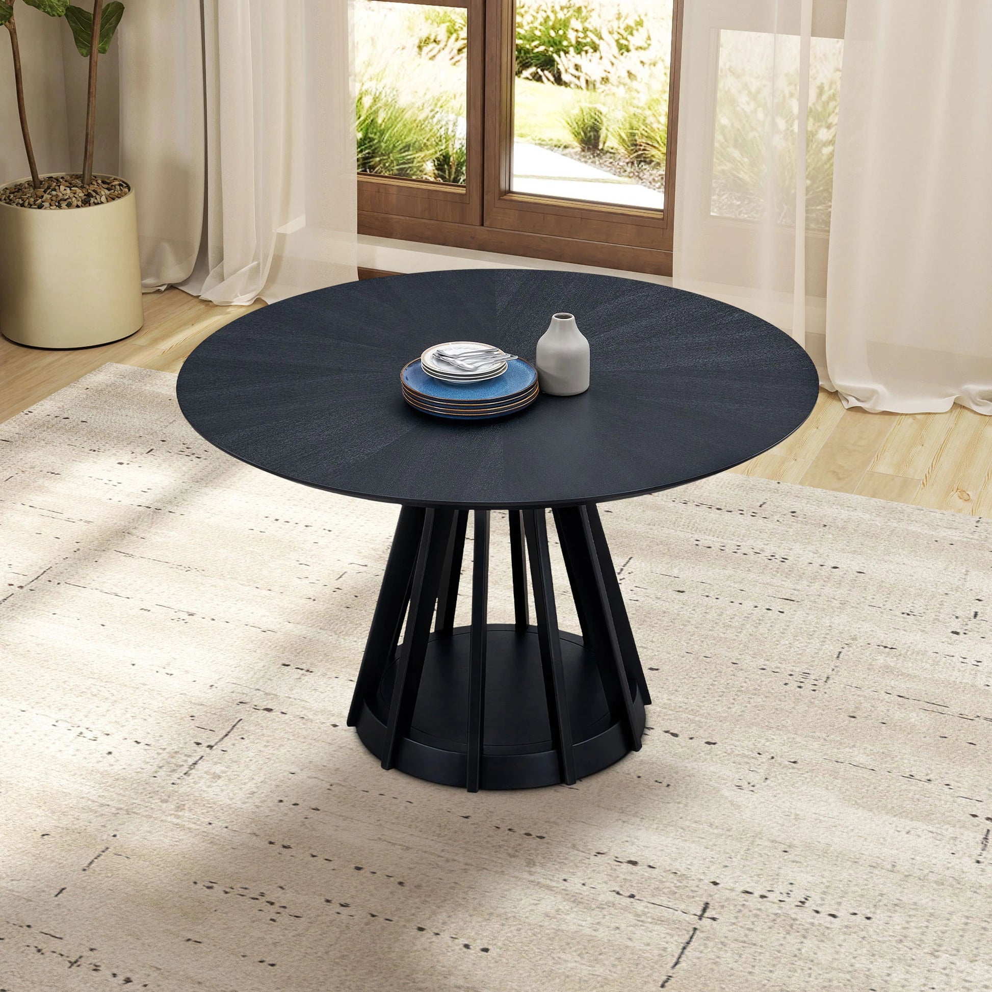 47" Modern Round Dining Table Set With 4 Upholstered Chairs