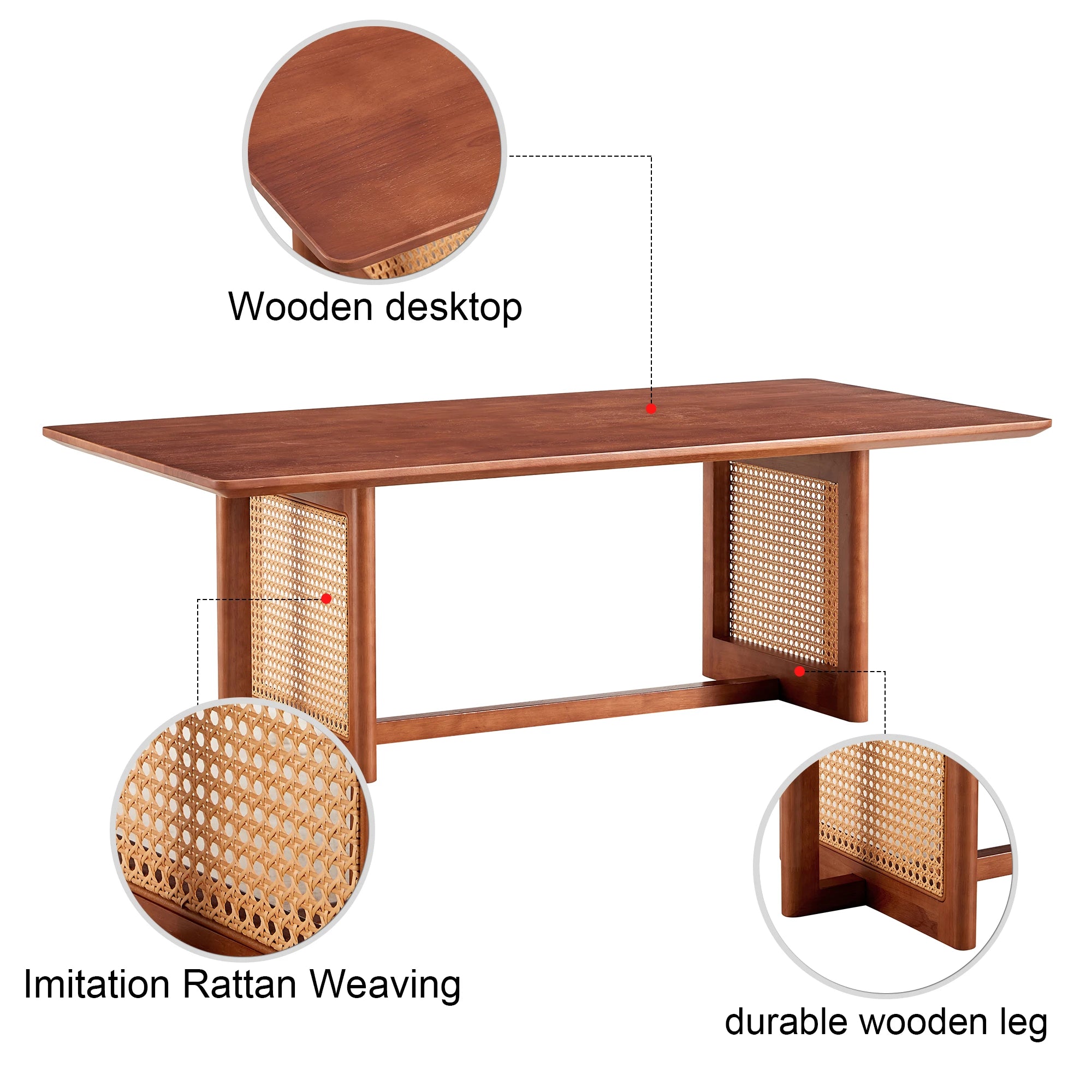 47" Rectangular Coffee Table, Solid Wood And Rattan