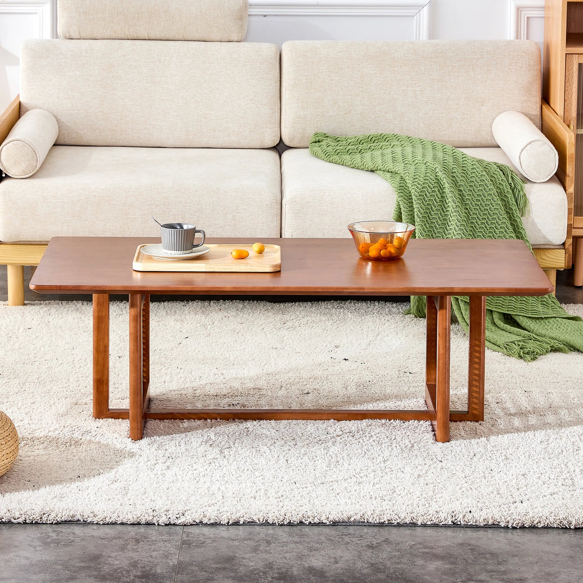 47" Rectangular Coffee Table, Solid Wood And Rattan