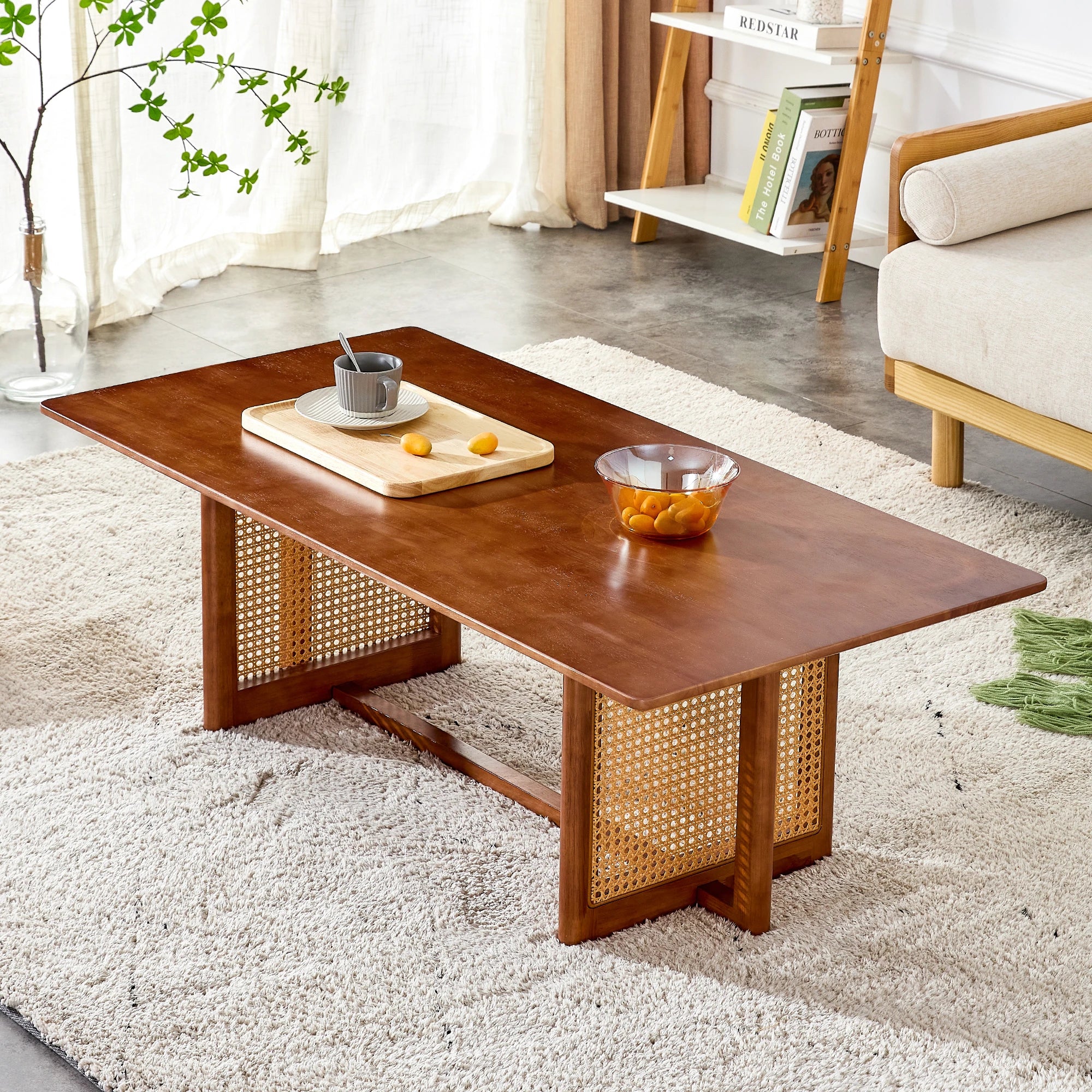 47" Rectangular Coffee Table, Solid Wood And Rattan
