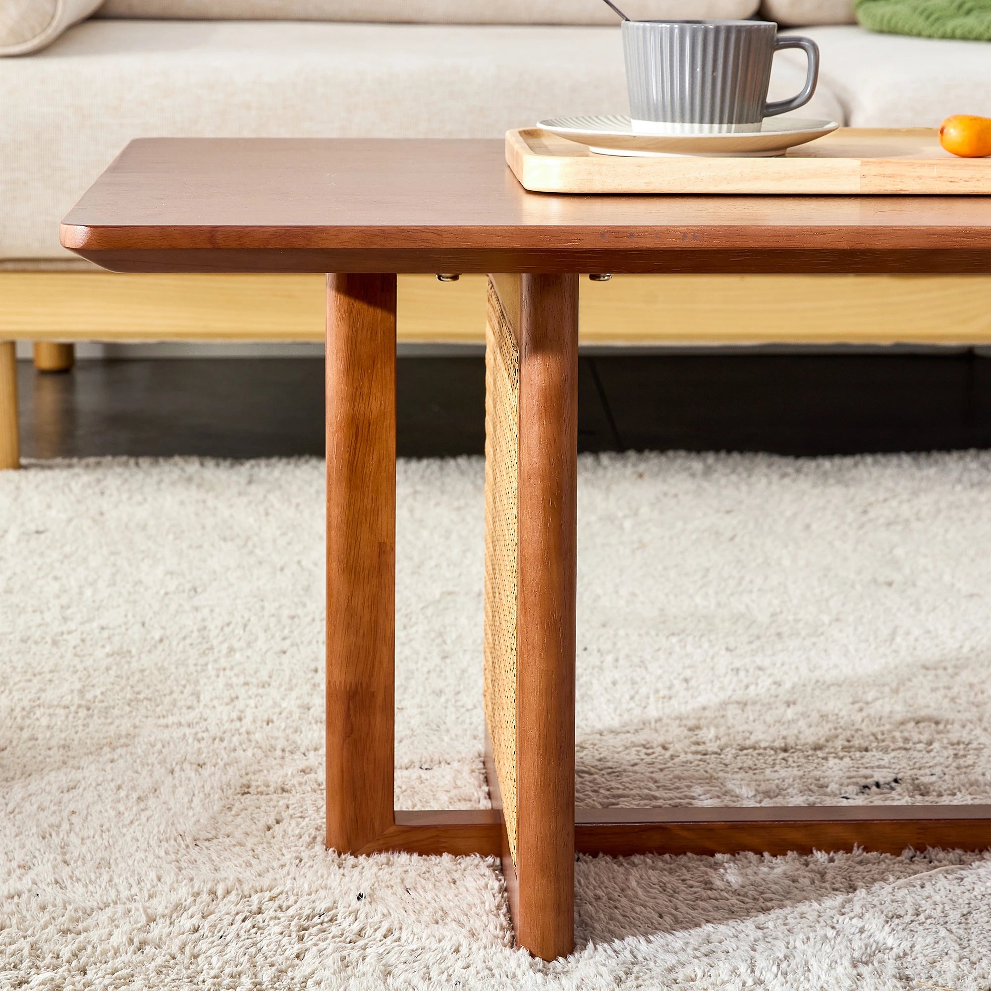 47" Rectangular Coffee Table, Solid Wood And Rattan