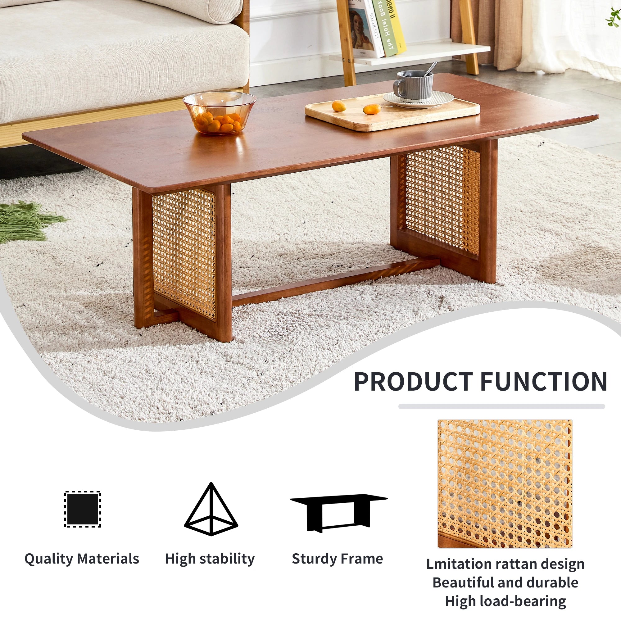 47" Rectangular Coffee Table, Solid Wood And Rattan