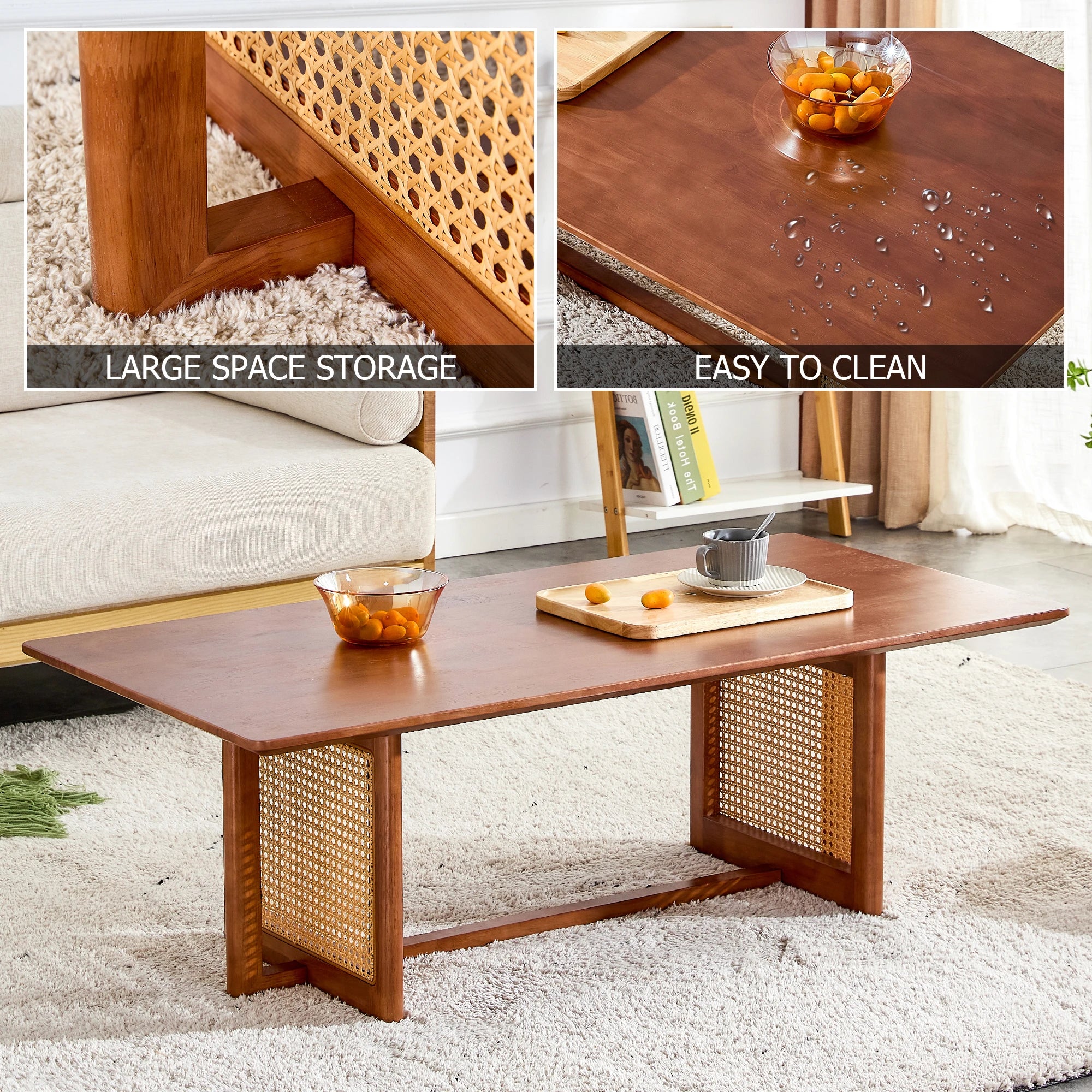 47" Rectangular Coffee Table, Solid Wood And Rattan
