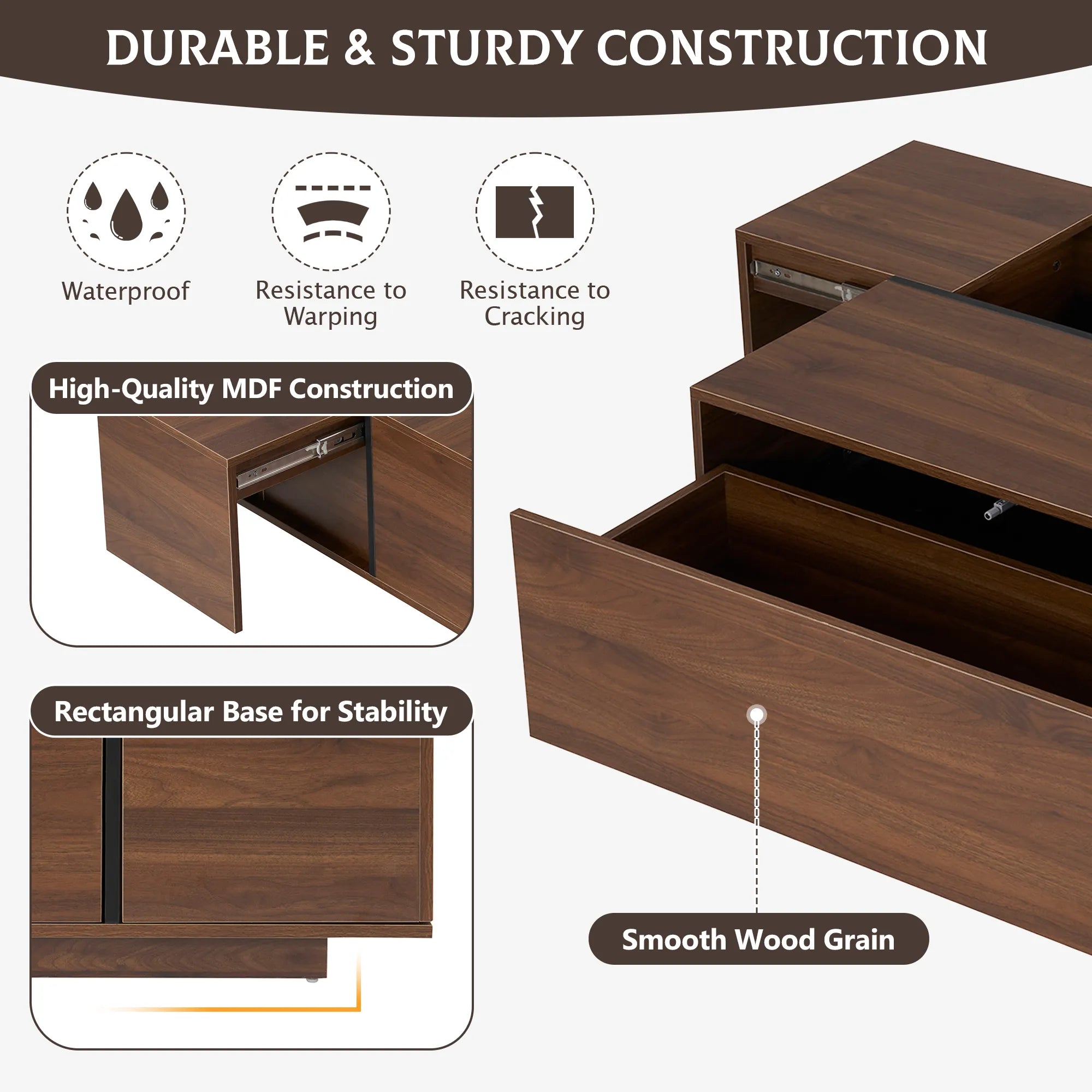 47" Rectangular Sliding Top Coffee Table with Hidden Storage