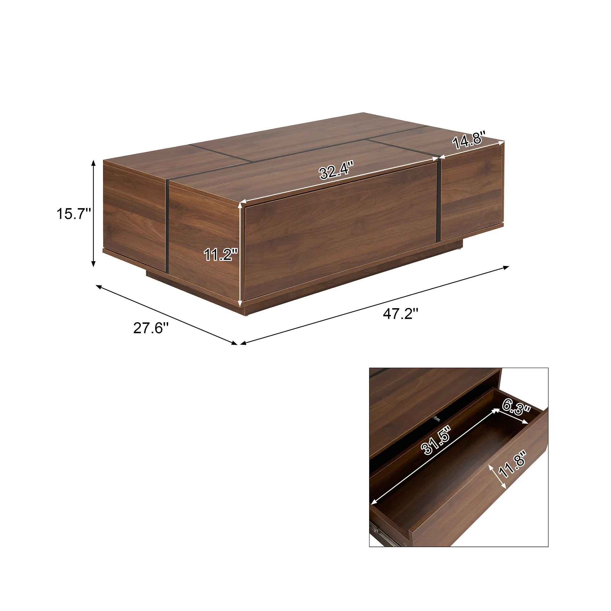 47" Rectangular Sliding Top Coffee Table with Hidden Storage