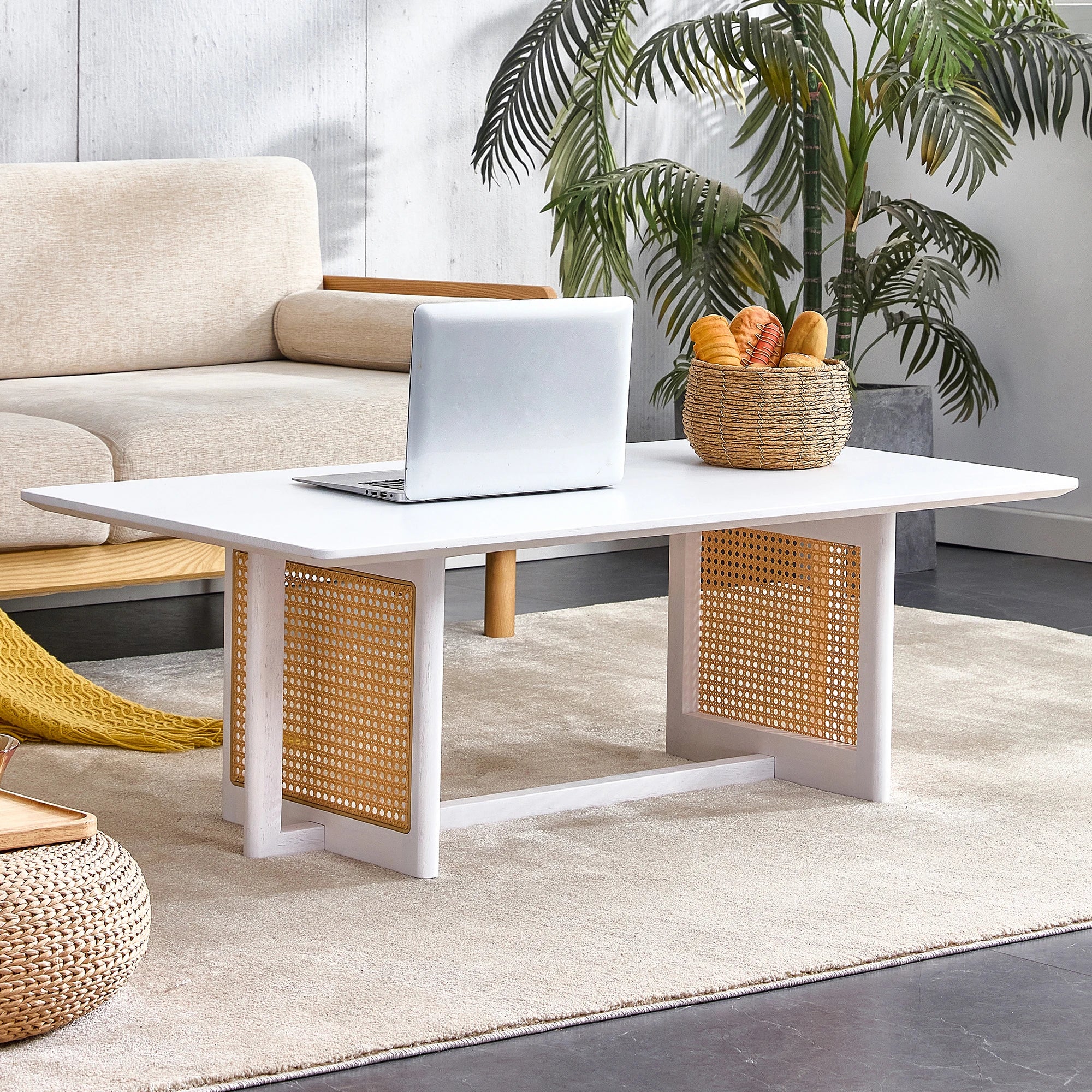 47" Rectangular Coffee Table, Solid Wood And Rattan