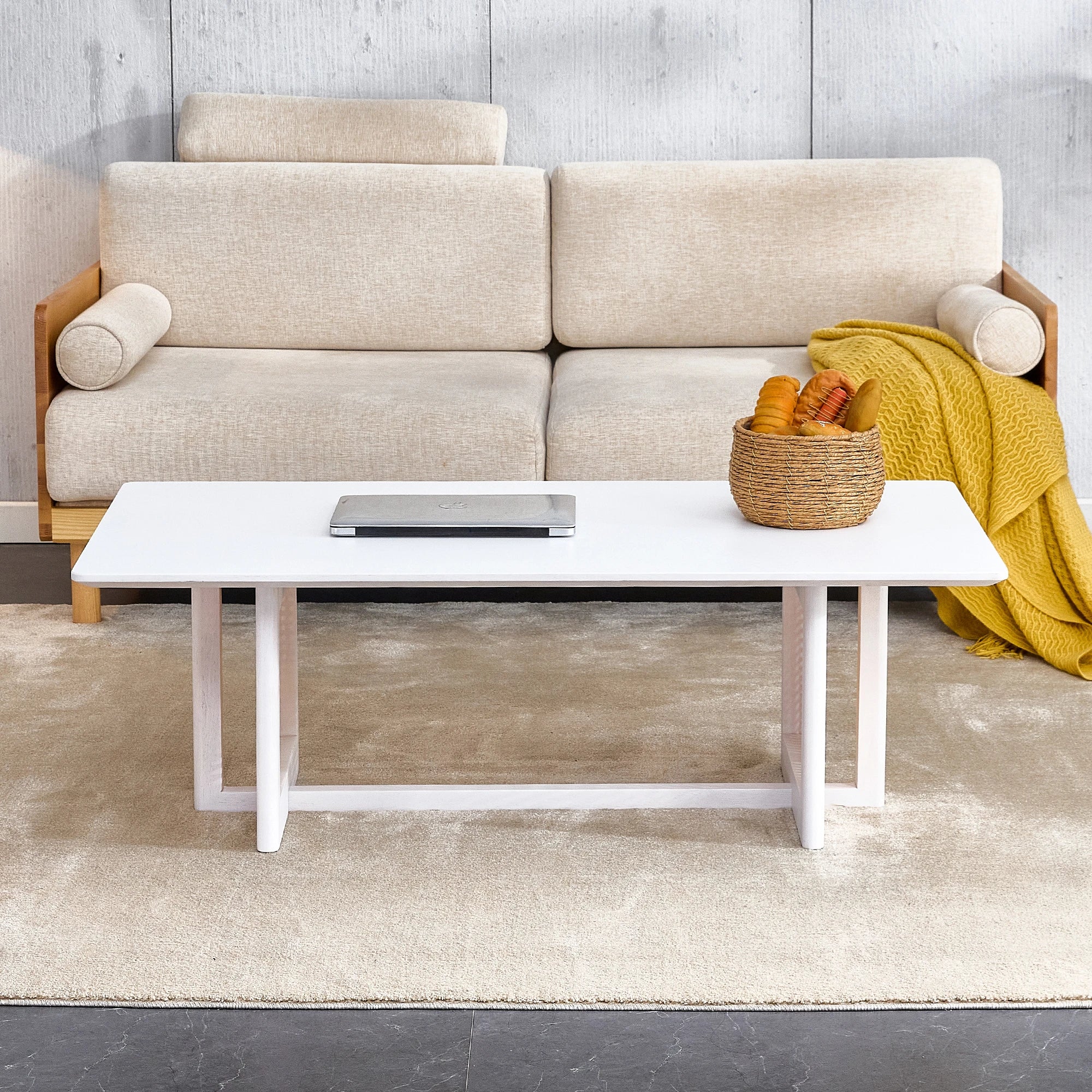 47" Rectangular Coffee Table, Solid Wood And Rattan