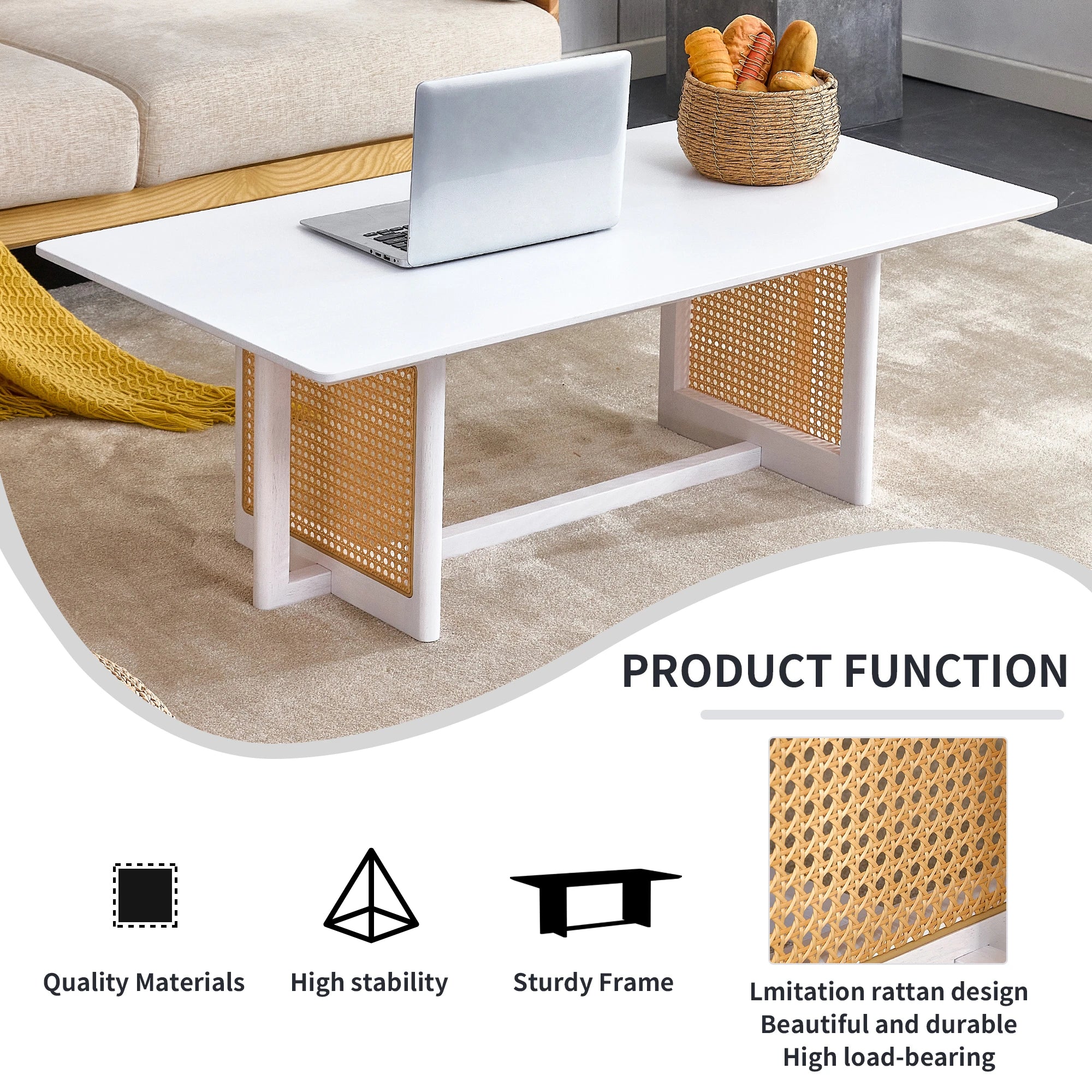 47" Rectangular Coffee Table, Solid Wood And Rattan
