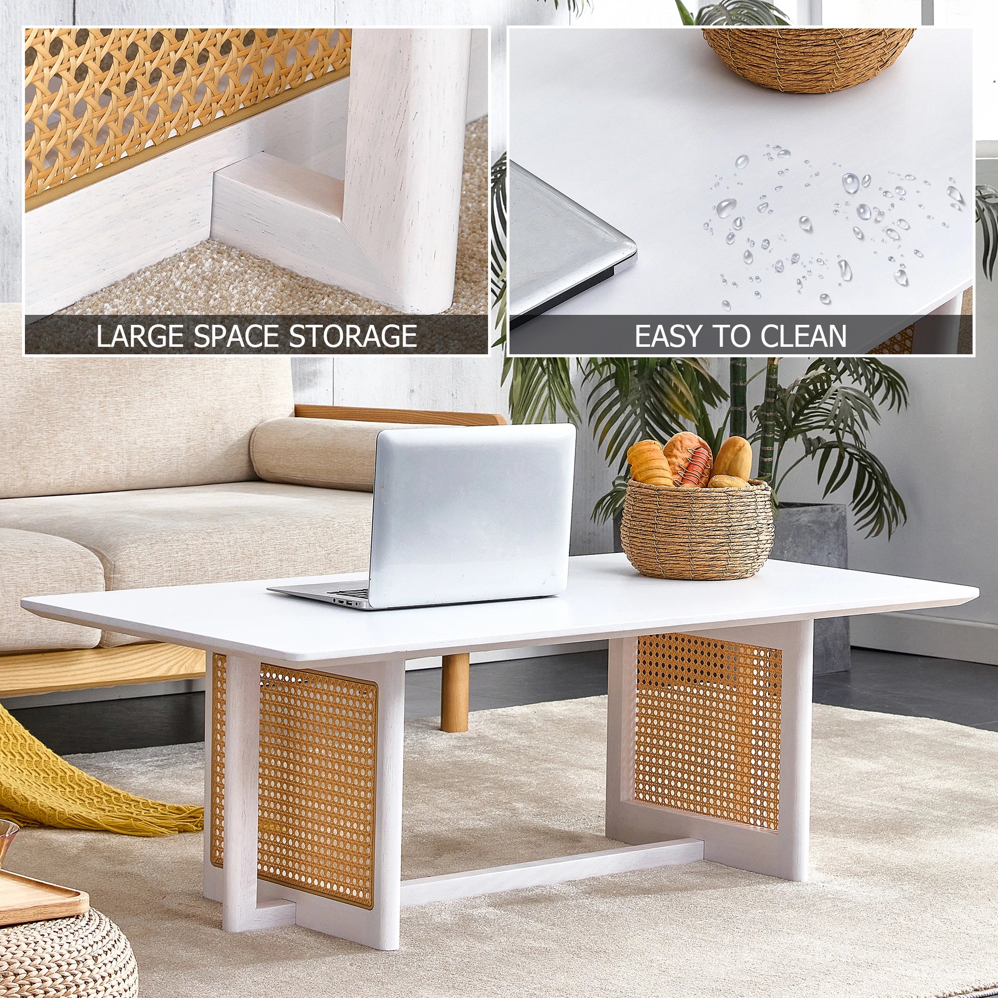 47" Rectangular Coffee Table, Solid Wood And Rattan