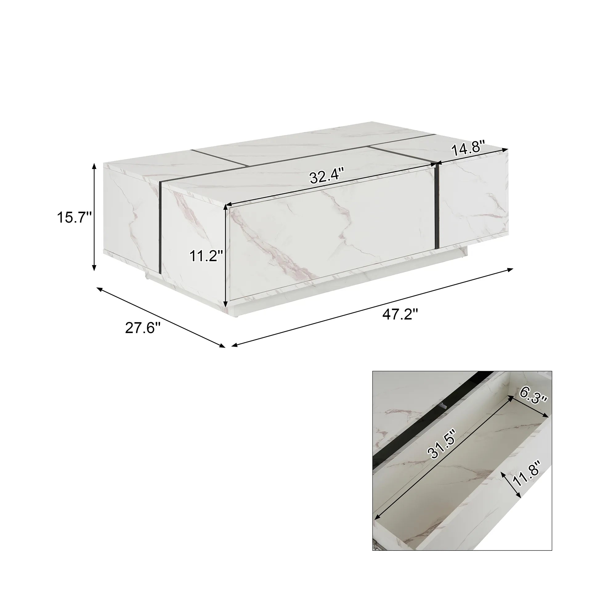 47" Rectangular Sliding Top Coffee Table with Hidden Storage